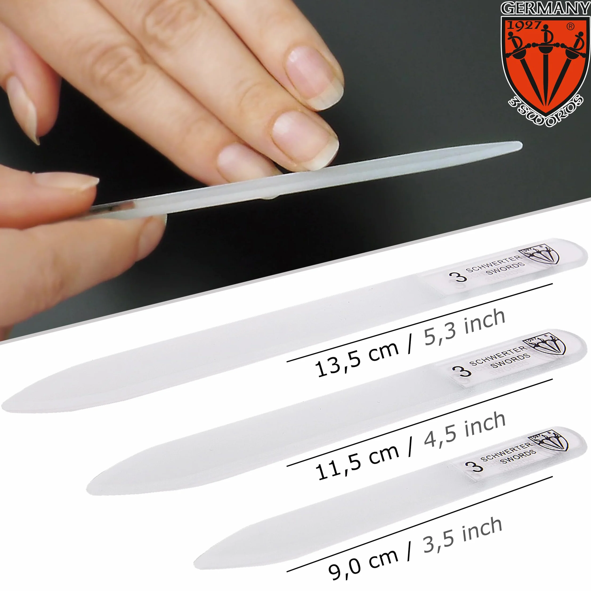 Lime à ongles en verre 3 pièces manucure pédicure Swords Germany