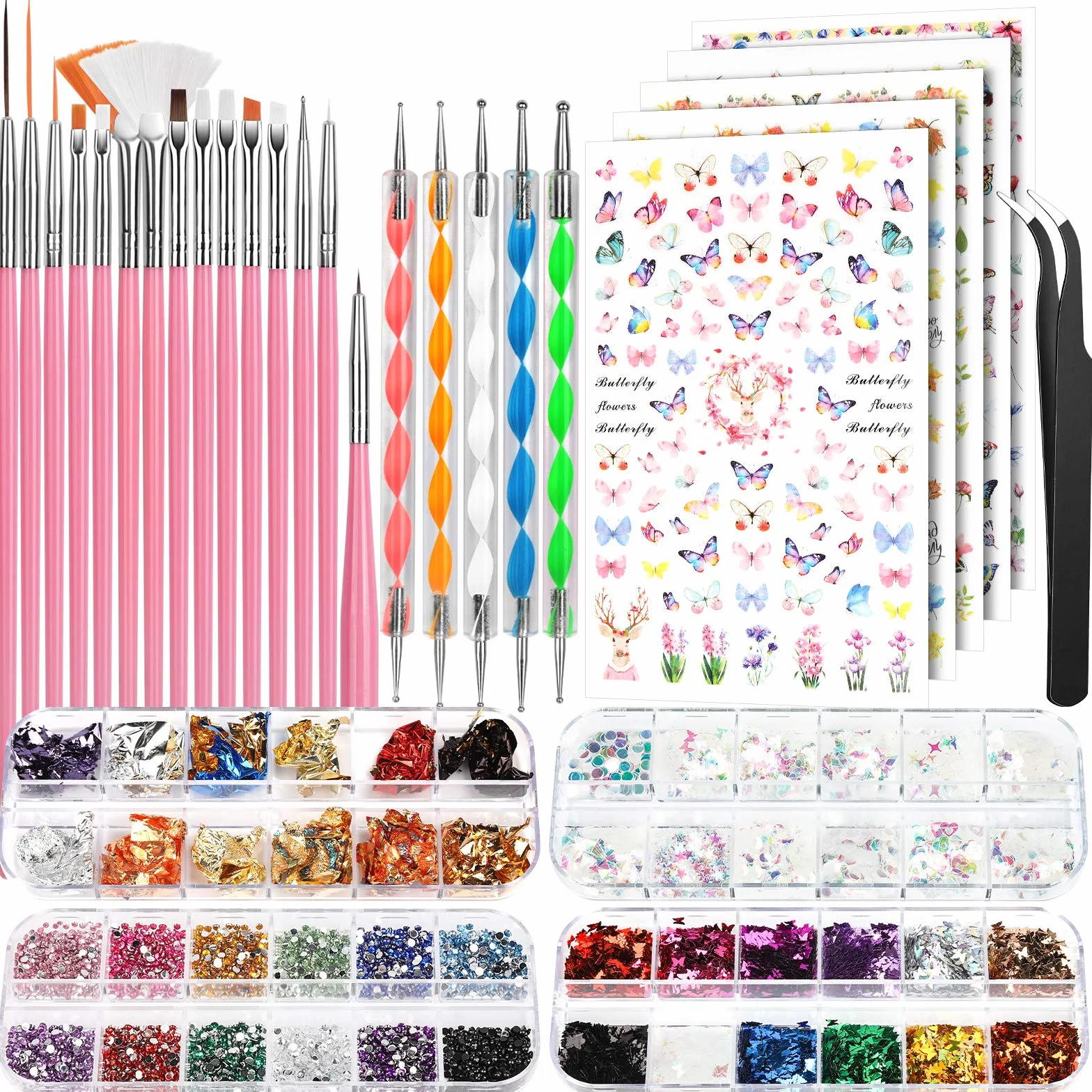 FANDAMEI Kit Nail Art Pinceaux Dotting Pens Strass Paillettes Papillon Feuille d'Or Décoration d'Ongles Rose