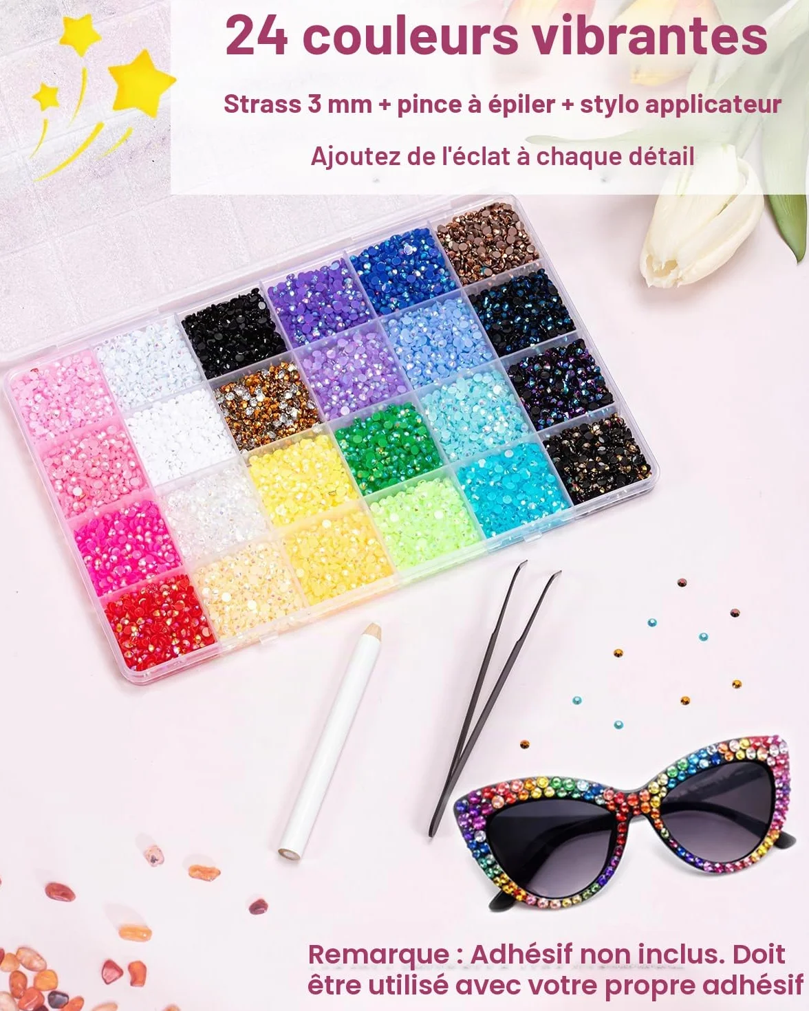 24 Couleurs Strass 30000+Pcs 3mm Flatback Bedazzling Kit avec Pince et Stylo AB Strass a Coller DIY Nail Art