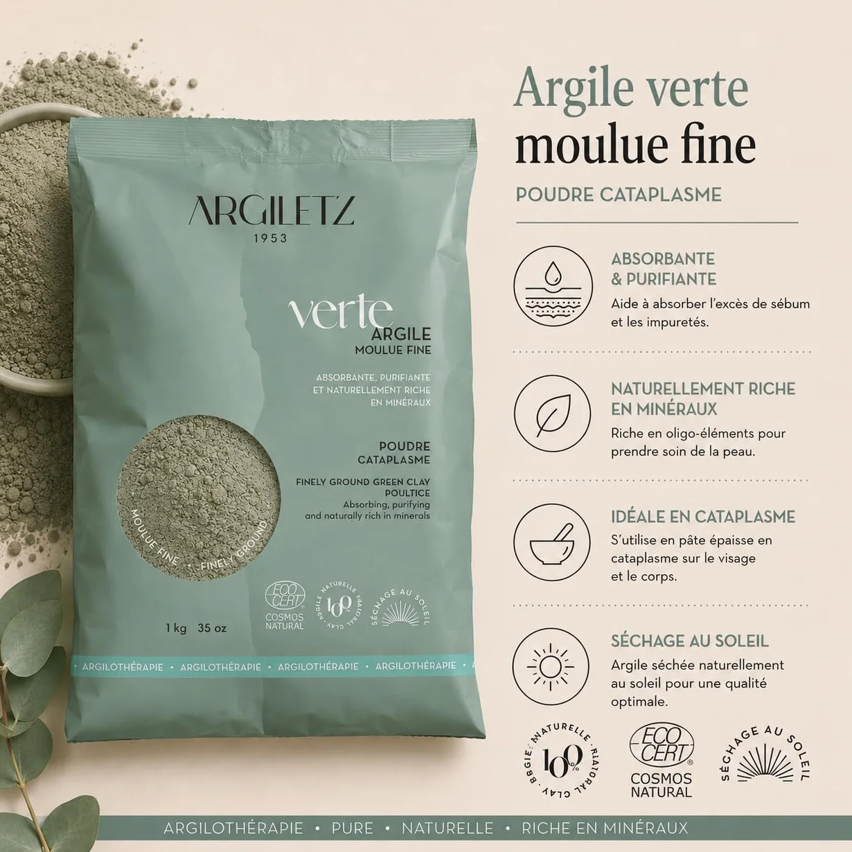 Argiletz Argile Verte en Poudre Moulue Fine 1 kg – Illite Naturelle Séchée Au Soleil – Cataplasme, Masque Visage Corps