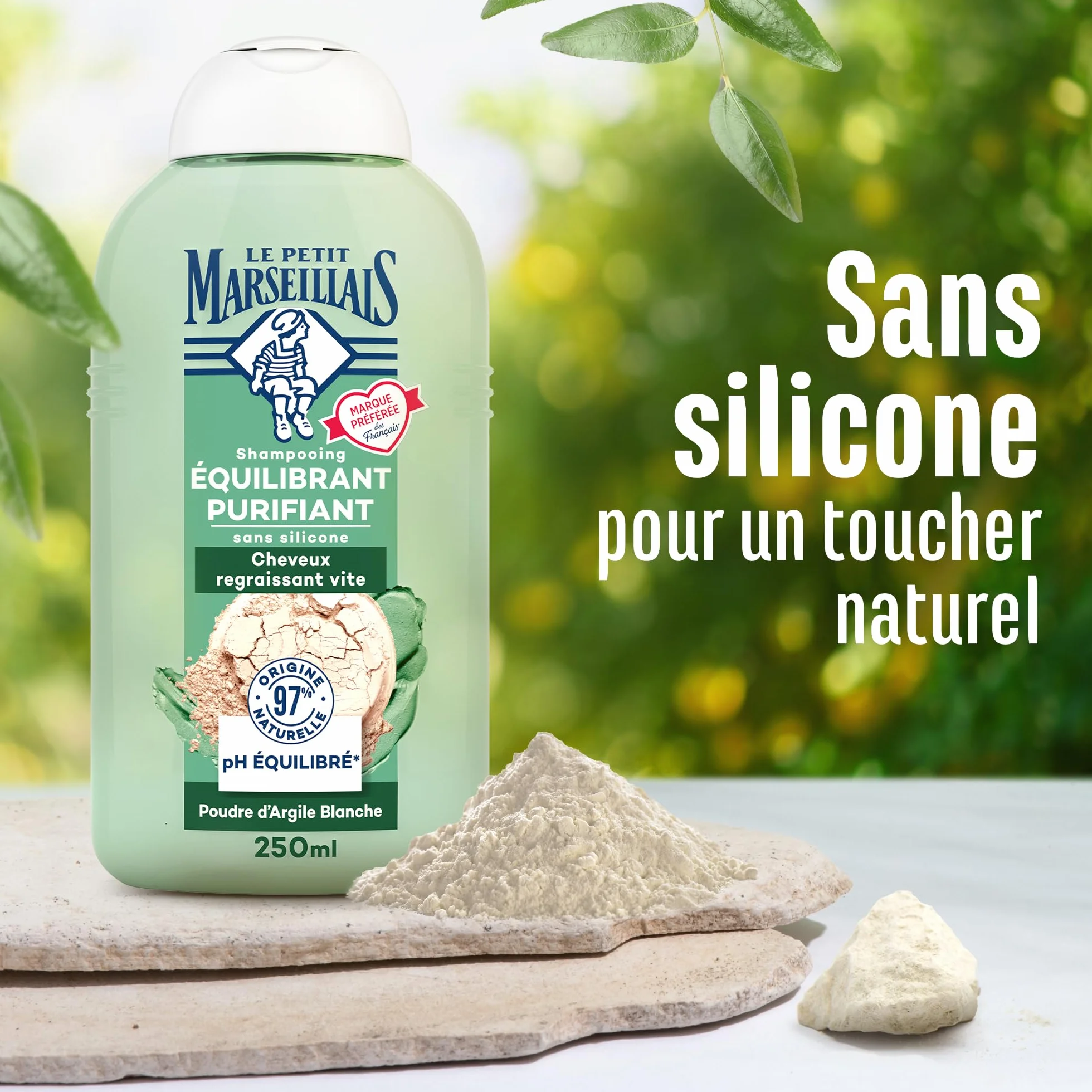 Le Petit Marseillais Shampooing Équilibrant Purifiant Poudre d'Argile Blanche 250 ml Shampoing sans silicone cheveux regraissant vite 97 % ingrédients naturelle
