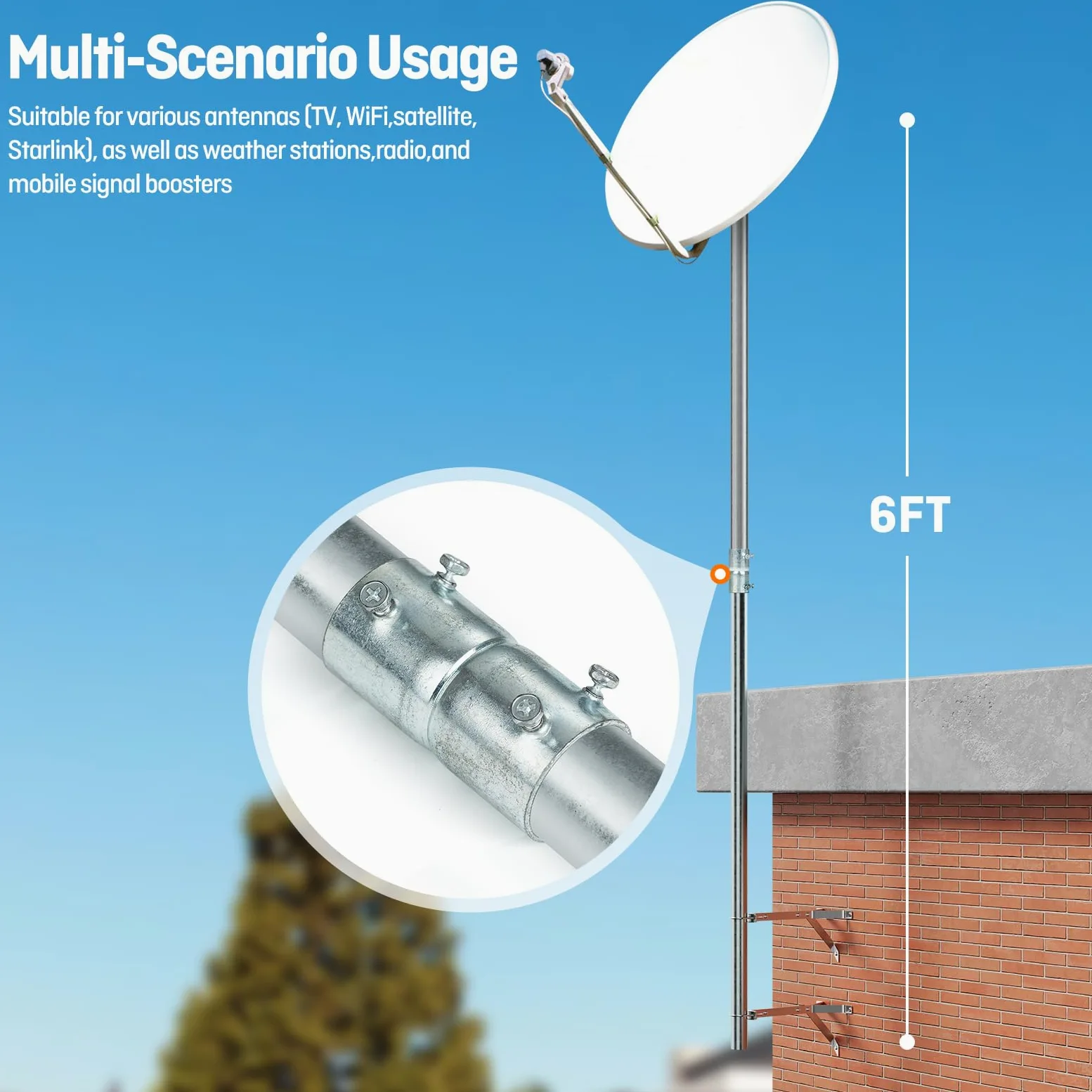 Lot de 2 rallonges de mât d'antenne de 0,9 m avec coupleur, diamètre extérieur 3,2 cm | Assemblage de 1,8 m, en acier galvanisé robuste, pour amplificateur de signal de station météo