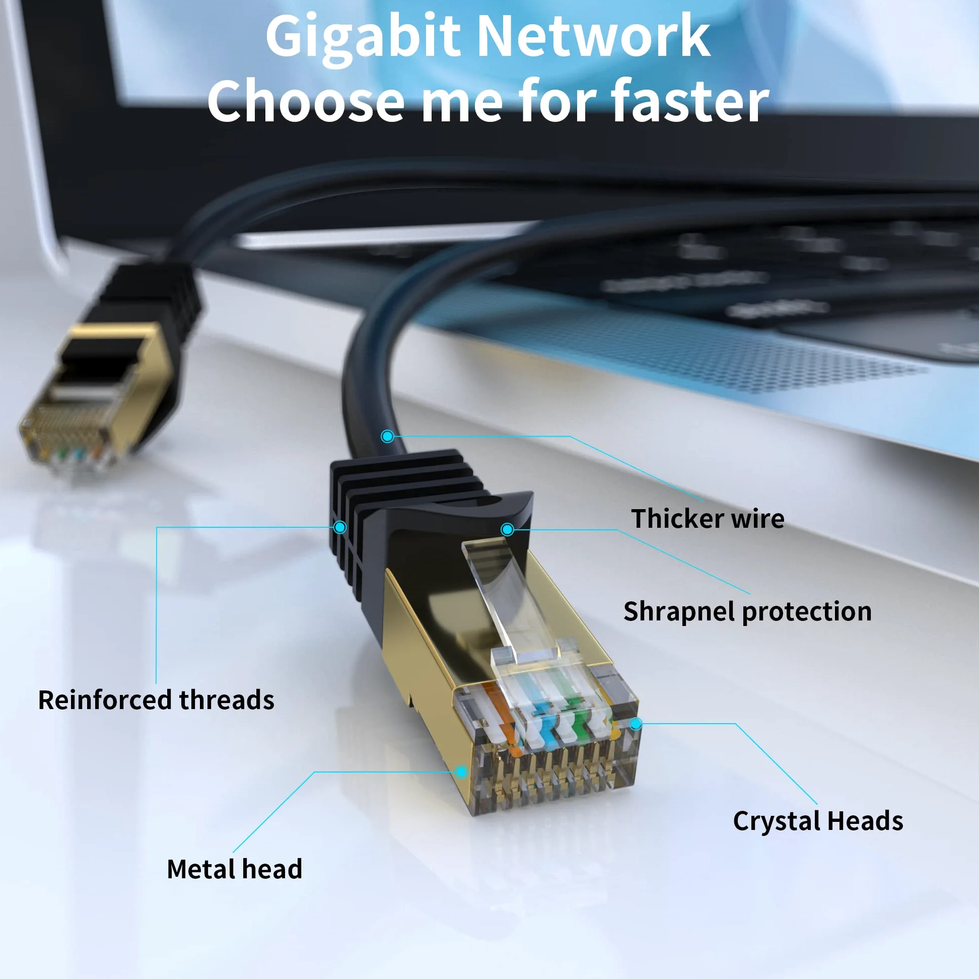Câble Ethernet Cat 6 d'extérieur - Blindé - Haute vitesse - Gigabit - Câble réseau LAN 26 AWG - Connecteurs RJ45 plaqués or - Étanche Rond - Noir (Rond Noir, 100M)