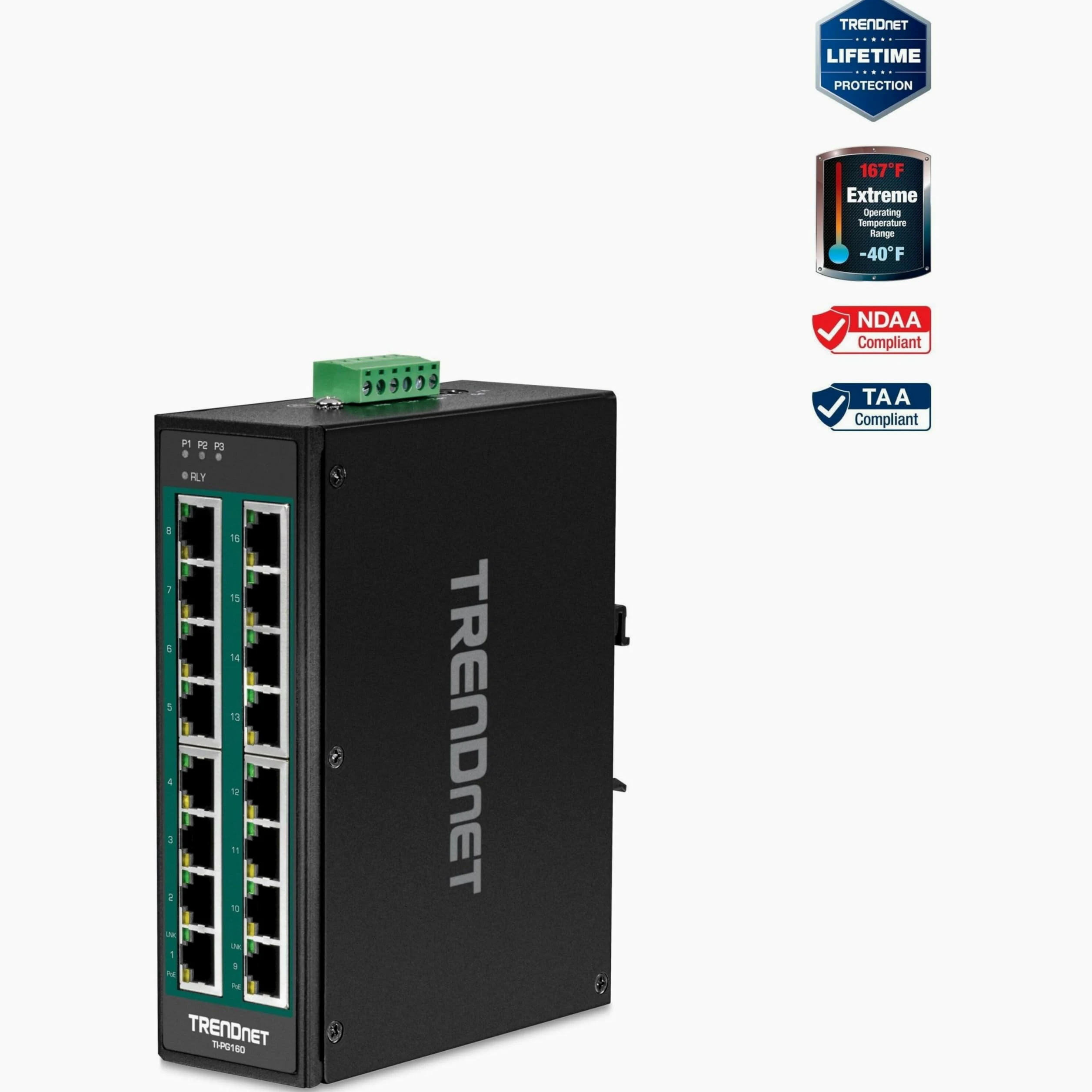 TRENDnet, TI-PG160, Commutateur sur Rail DIN Gigabit 10/100/1000Mbps Industriel Non géré à 16 Ports avec Ports PoE+ 16 Gigabit
