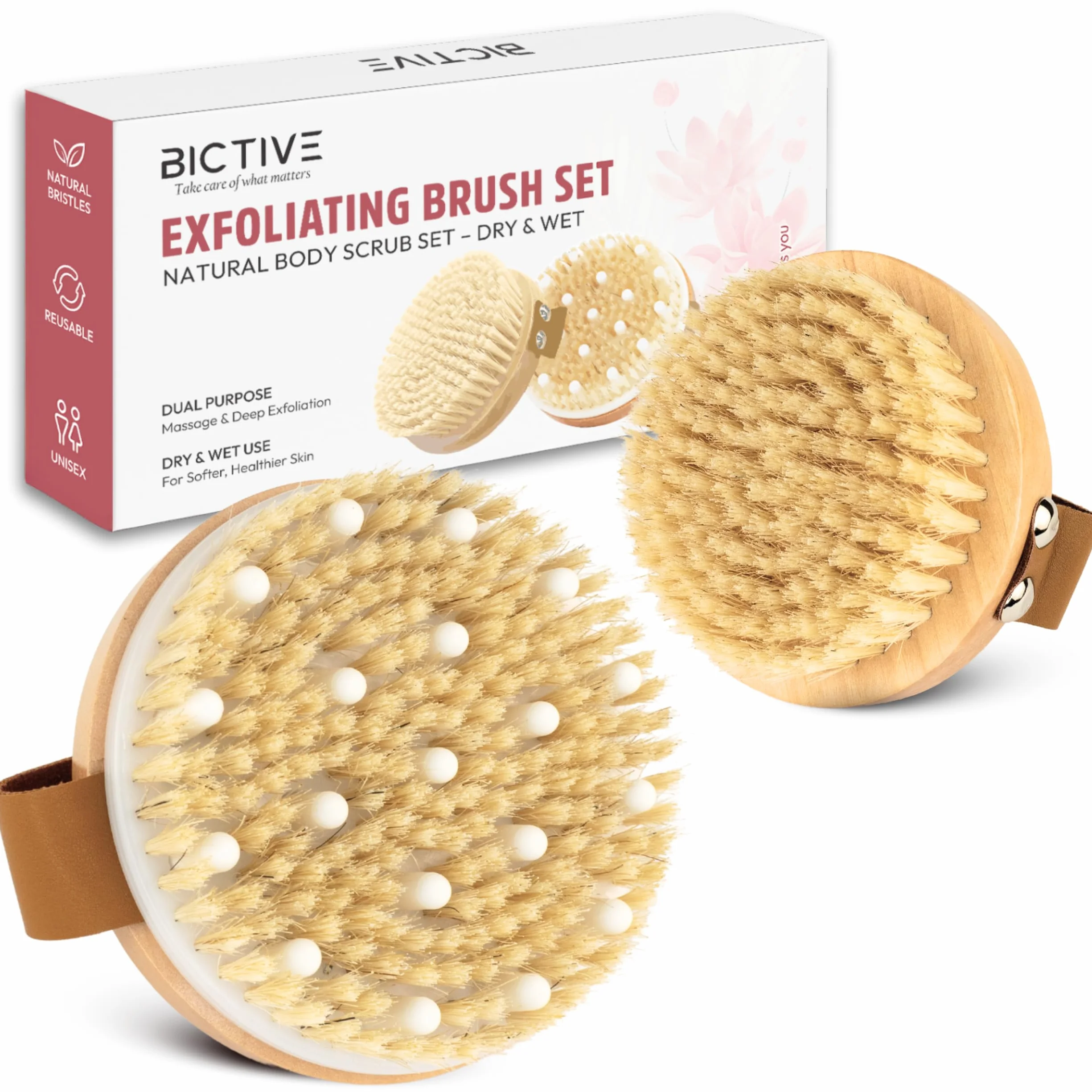 Kit Premium de 2 Brosses de Corps à Sec avec Poils Naturels - Brosse Exfoliante pour le Corps, Brossage à Sec Cellulite, Drainage Lymphatique