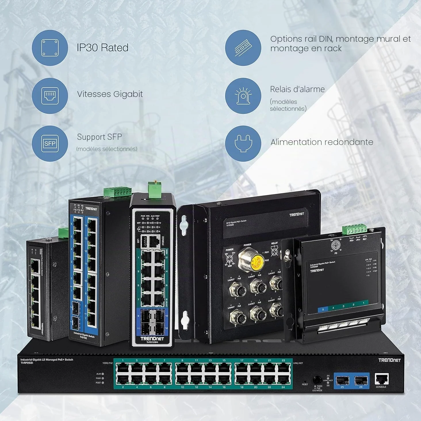 TRENDnet, TI-PG160, Commutateur sur Rail DIN Gigabit 10/100/1000Mbps Industriel Non géré à 16 Ports avec Ports PoE+ 16 Gigabit