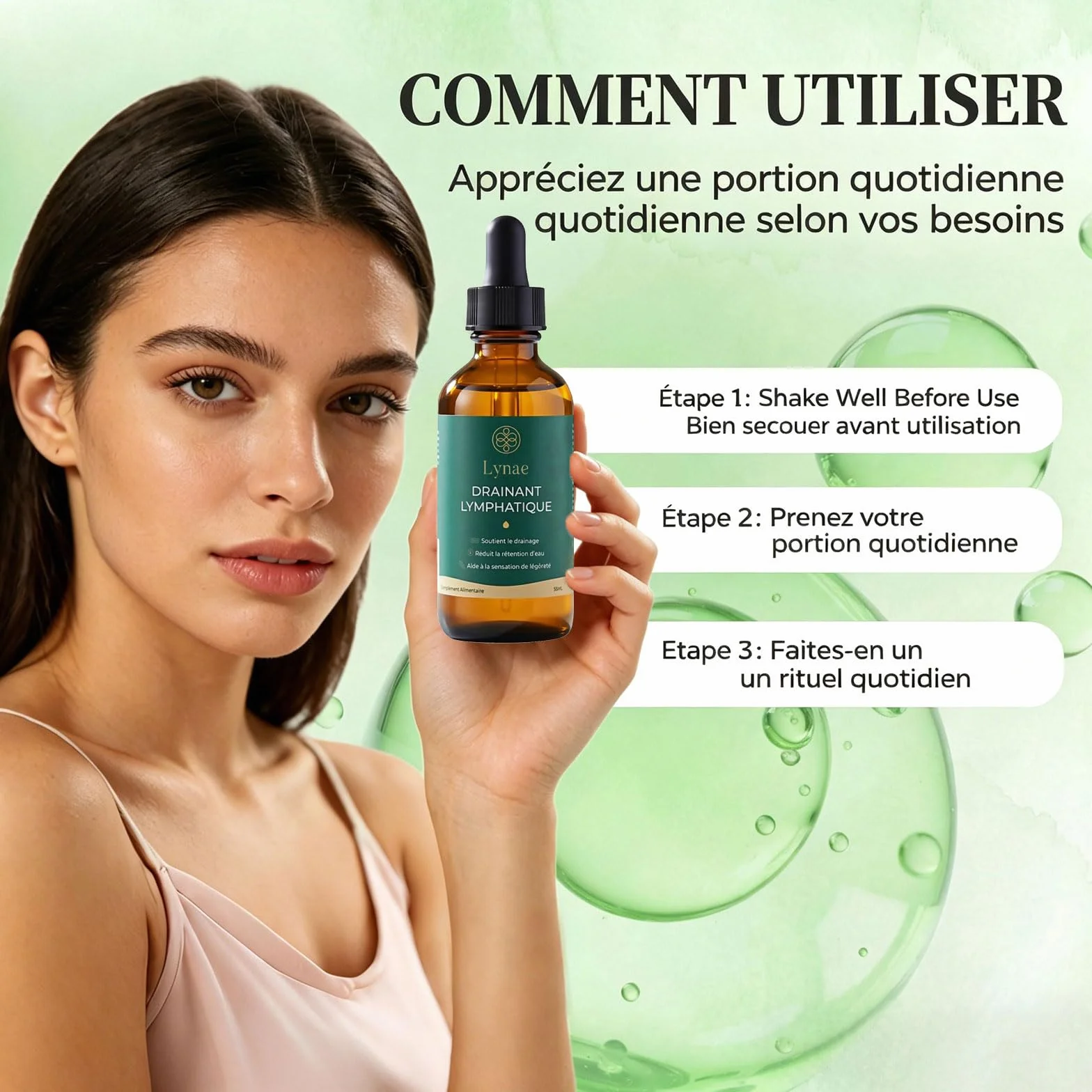 Lynae Drainant Lymphatique Goutte, Drainage Lymphatique Corps Complet, Mélanges à Base de Plantes Naturelles, Sans Gluten, 2 flacons