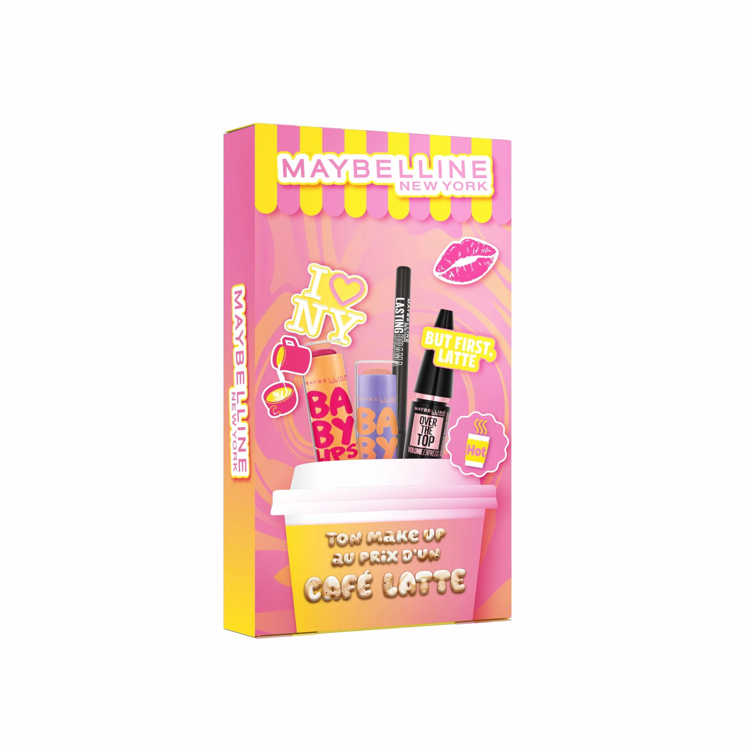 MAYBELLINE NEW YORK Coffret Maquillage Yeux & Lèvres Mascara Volum' Express Over The Top Eyeliner Noir Lasting Drama Baume à Lèvres Baby Lips x 2