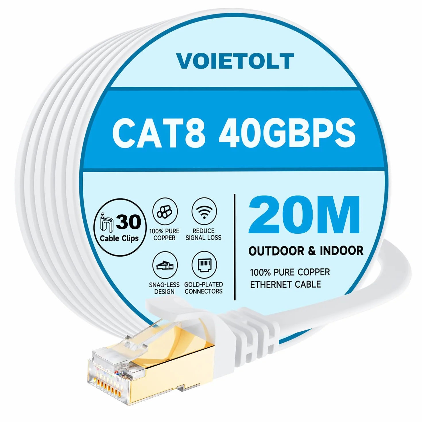 Câble Ethernet CAT8 20M Clips 40Gbps 2000MHz RJ45 LAN Réseau Plat Blindé Blanc