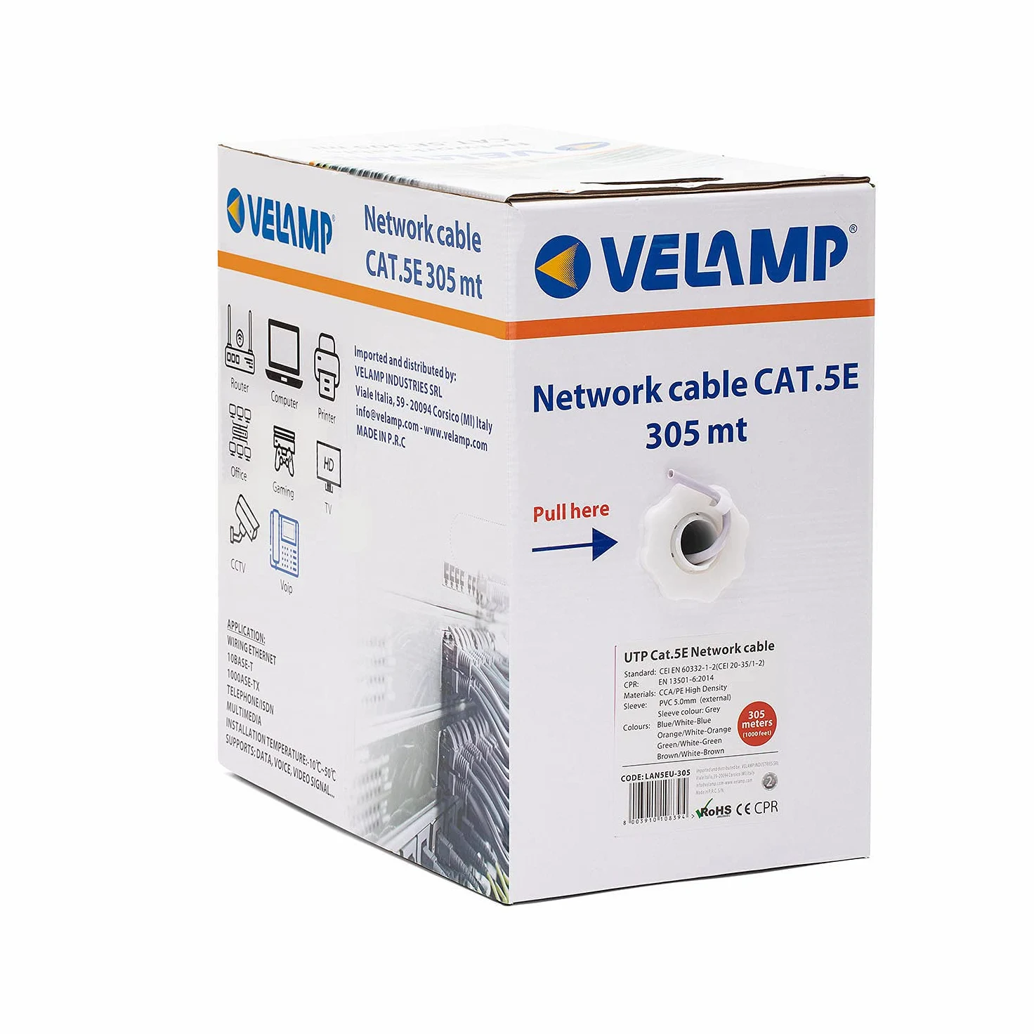 Velamp Câble Ethernet 305m, Câble Reseau LAN, Câble Ethernet Cat5E Haut Debit Pour Internet Rapide, Câble en Vrac UTP CCA, Certifié CPR (Eca)
