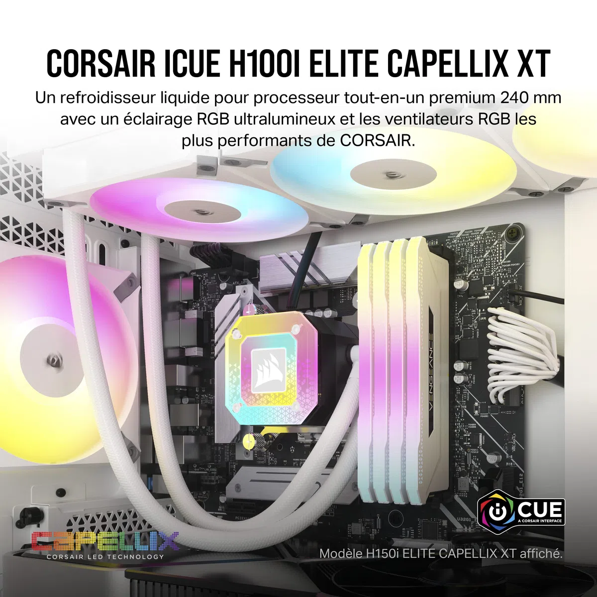 Corsair iCUE H100i ELITE CAPELLIX XT Refroidisseur de CPU Liquide - Deux Ventilateurs AF120 RGB ELITE - Radiateur 240mm - Intel® LGA 1700, 1200, 115X, 2066, AMD® AM5, AM4 - Blanc