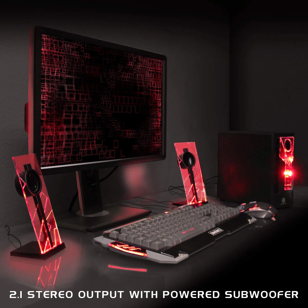 GOgroove BassPULSE Haut-parleurs stéréo 2.1 LED pour Ordinateur de Jeu avec lumières Rouges, Commandes des Basses et Caisson de Basses alimenté – Compatible avec PC, Mac, Ordinateur de Bureau,