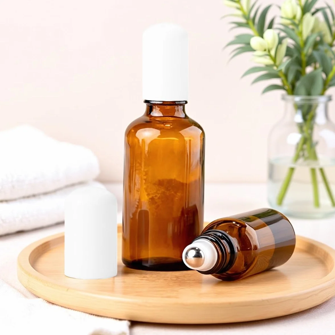 Lot de 3 flacons roulants vides en verre ambré 20 ml avec billes en acier inoxydable rechargeables pour huiles essentielles