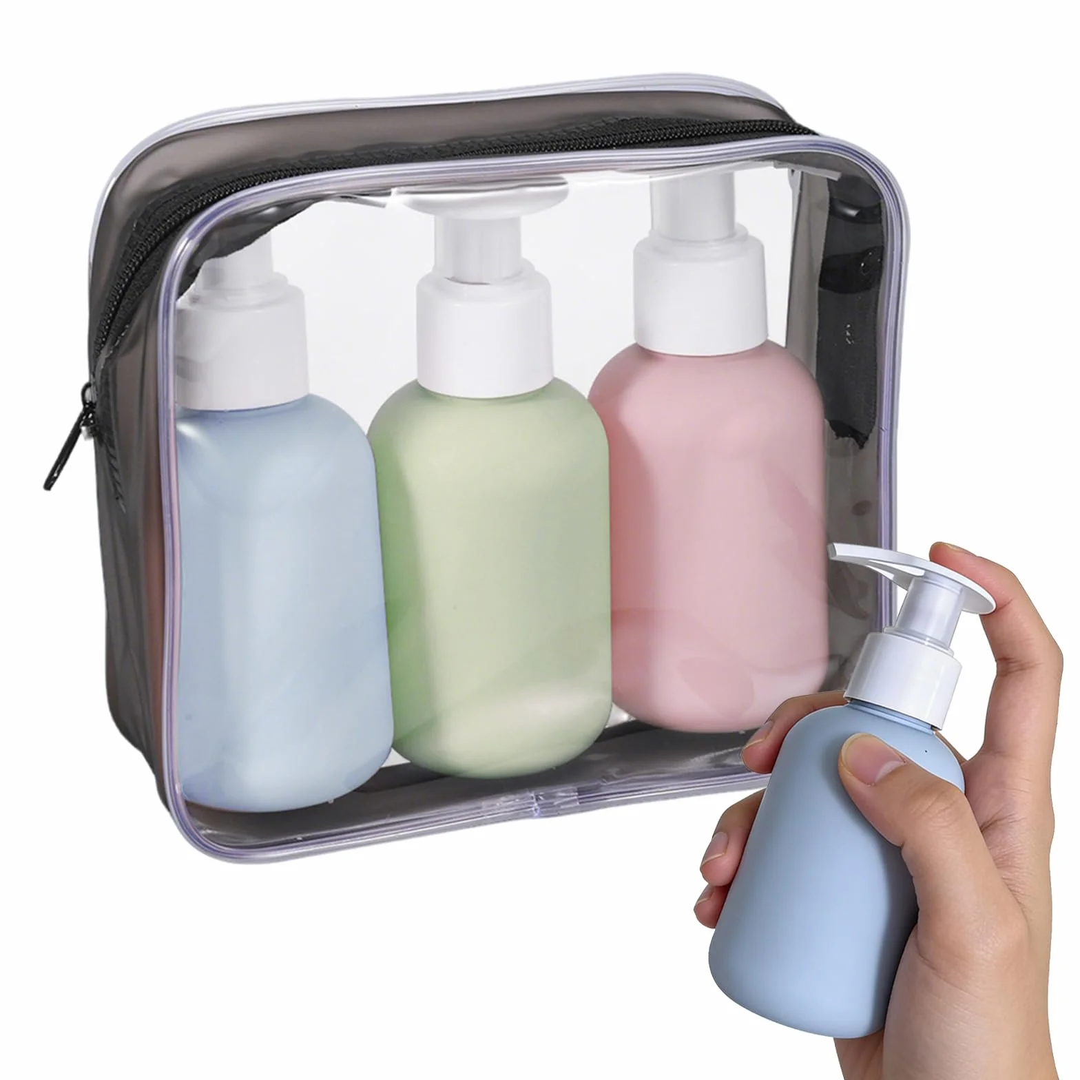 Kit Voyage Toilette Réutilisable 3 Pièces 100ml Flacon Vide Pompe Pas Facile à Fuir pour Shampoing Gel Douche Lotion