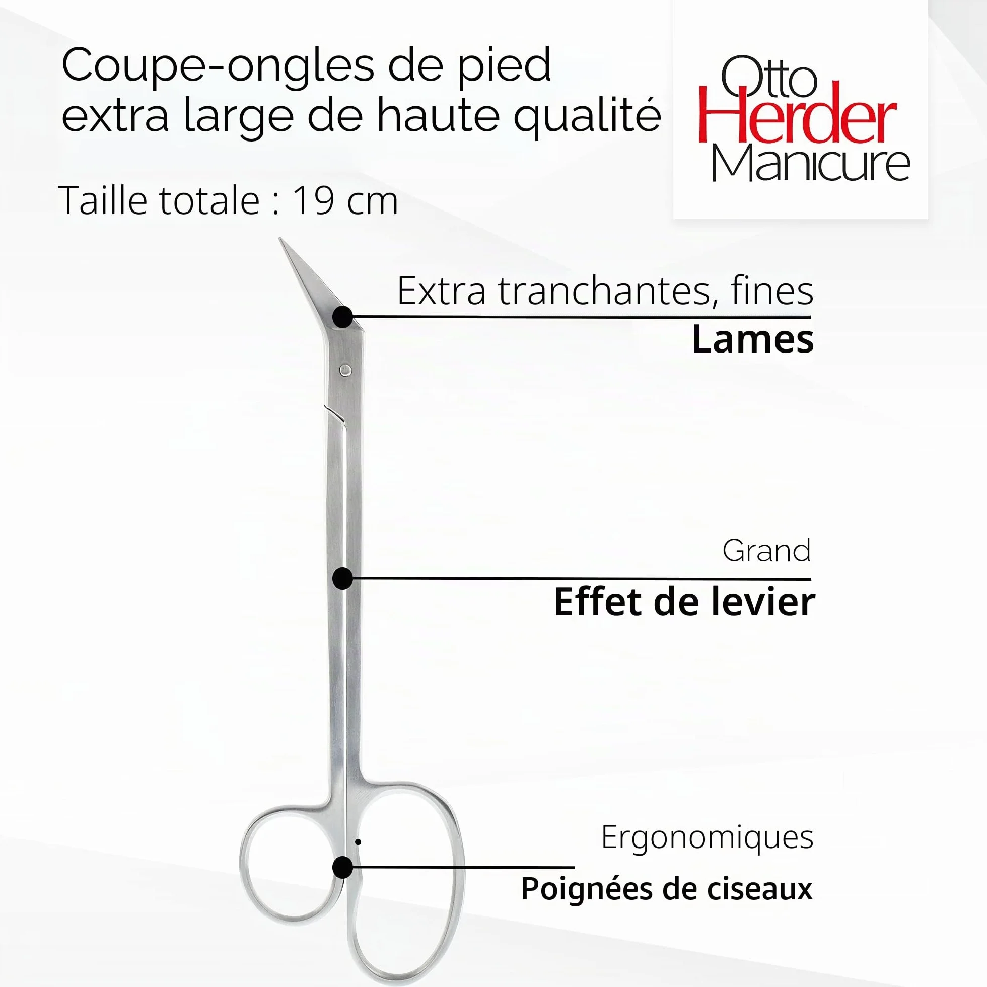OTTO HERDER Ciseaux à ongles extra longs 19 cm acier inoxydable micro-dents unilatérales