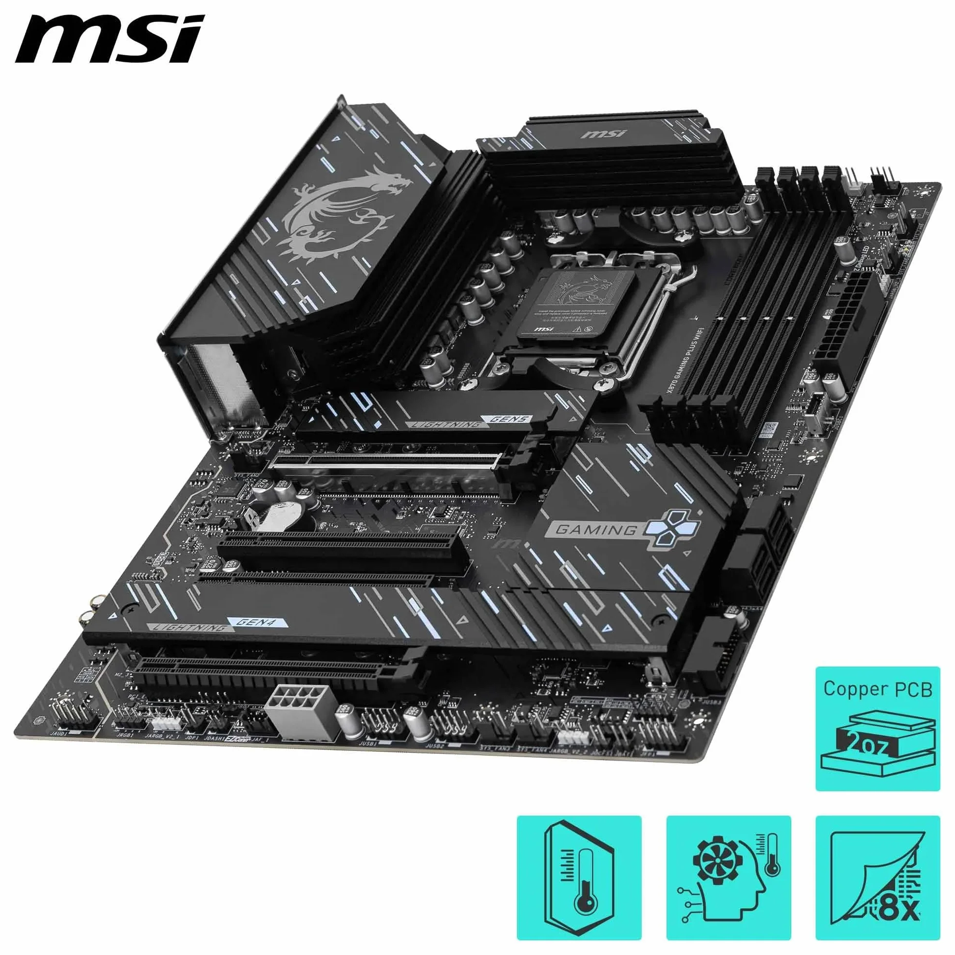 MSI Carte mère X870 Gaming Plus WiFi V1, ATX prend en charge les processeurs AMD Ryzen 9000/8000/7000, AM5-60A SPS VRM, DDR5 Memory Boost 8200+ MT/s (OC), PCIe 5.0 x16 & 4.0 x16, M.2 Gen5, Wi-Fi 7, 5G