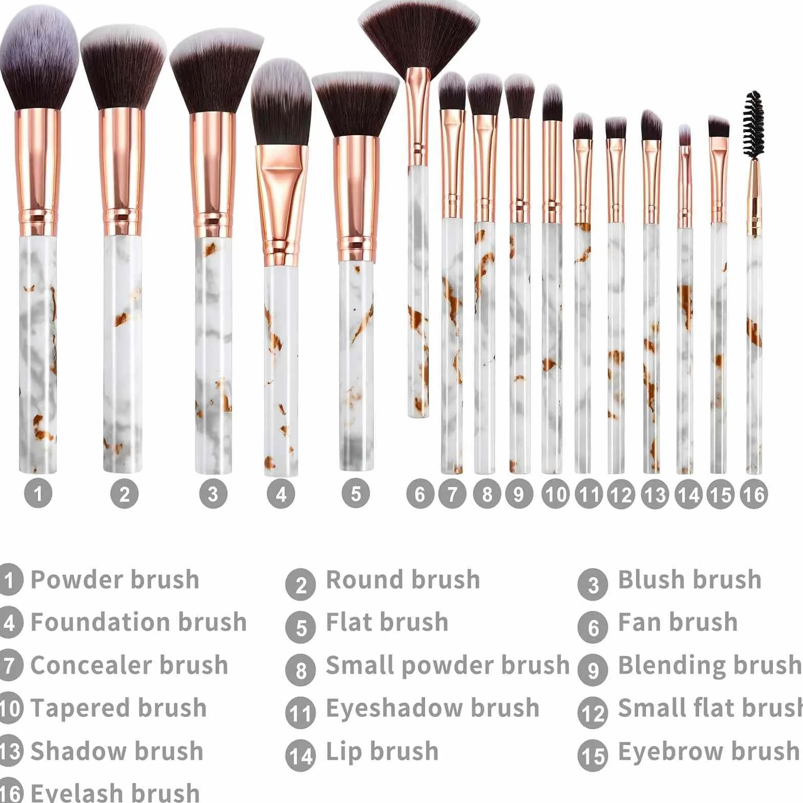 Pinceaux Maquillage Marbre Premium 16 PCS Kabuki Poudre Blush Contour Fond de Teint Correcteur