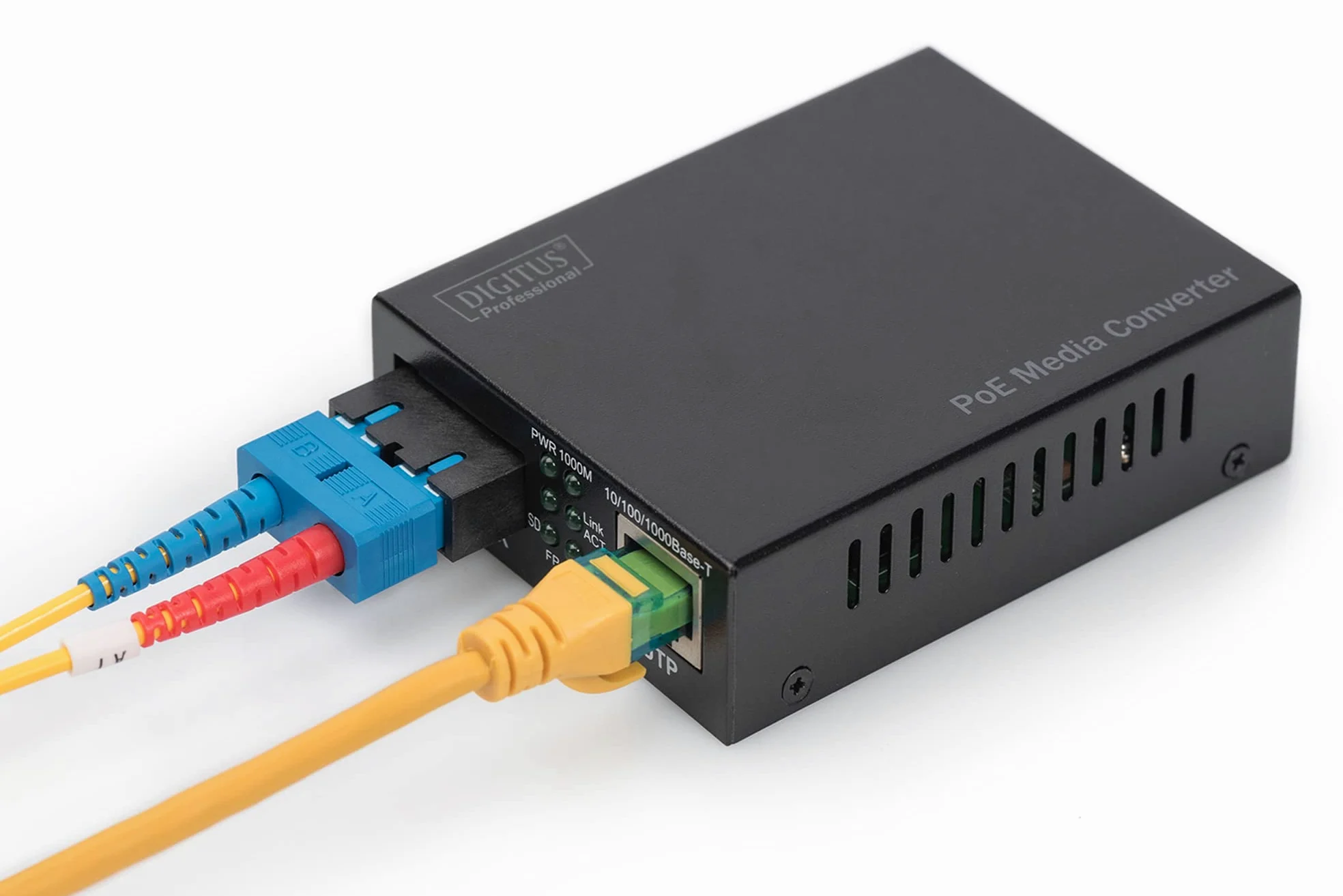 DIGITUS Convertisseur de média Gigabit – RJ45 vers SC Duplex – monomode | Injecteur PoE – 1 Gbit/s – longueur d'onde 1 310 nm – portée jusqu'à 20 km – cuivre vers fibre optique – noir
