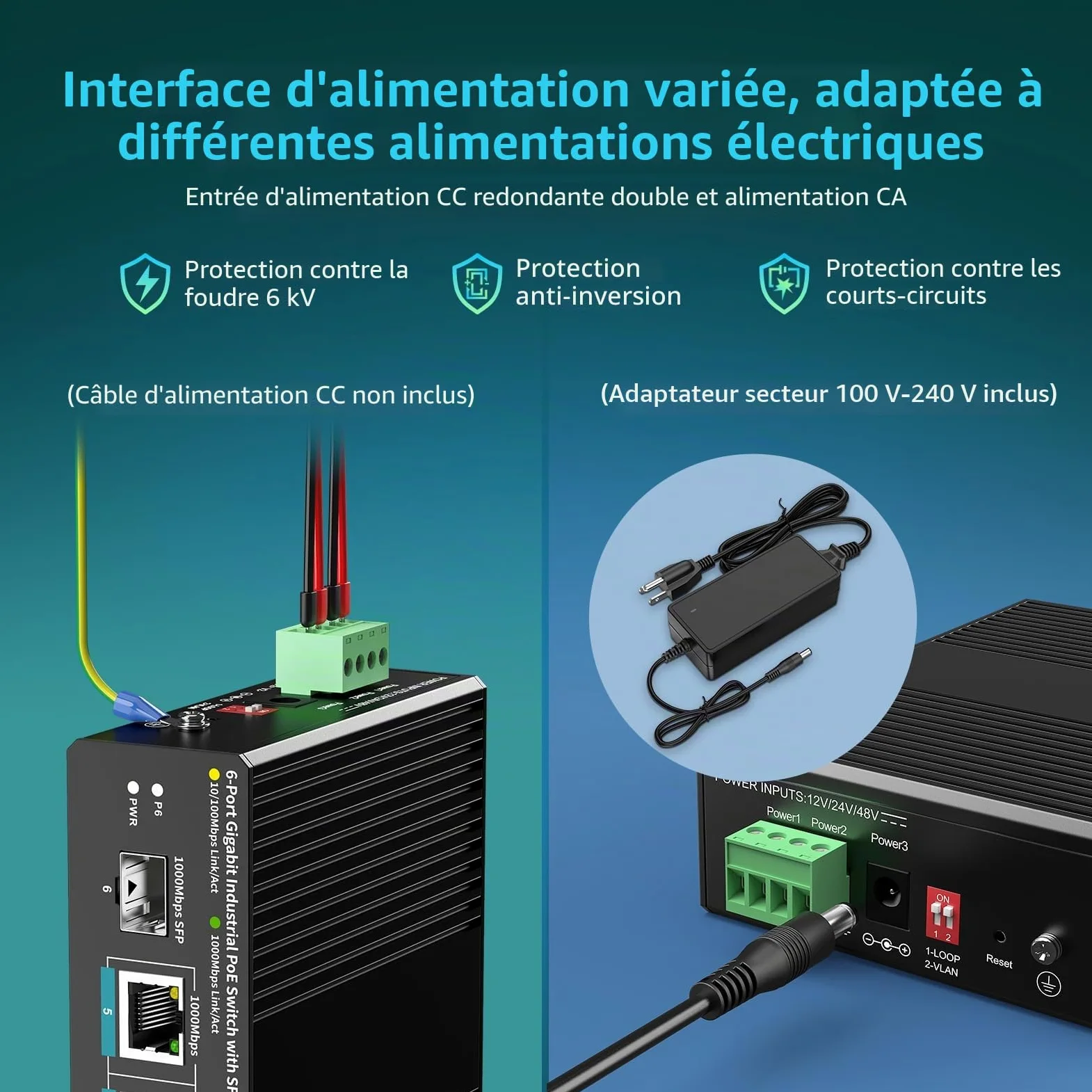 YuanLey Switch Industriel 6 Ports avec 4 Ports PoE Gigabit, 1 Port Uplink 1000Mbps, 1 Port SFP, Switch PoE Non-Manageable Din-Rail avec Alimentation 66,25W, IEEE802.3af/at, VLAN & Loop