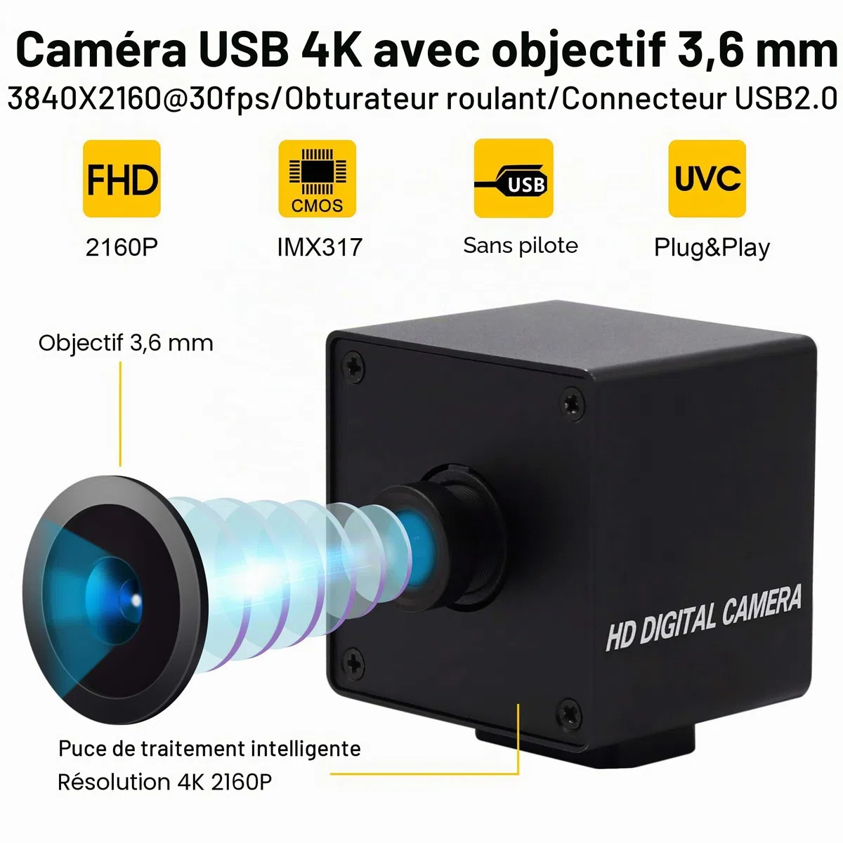 ELP Caméra 5 MP avec Obturateur Global 50 FPS, Swing de Golf Haute Vitesse, Webcam USB avec Objectif Couleur Grand Angle Sans Distorsion pour Machines Industrielles Ralenties