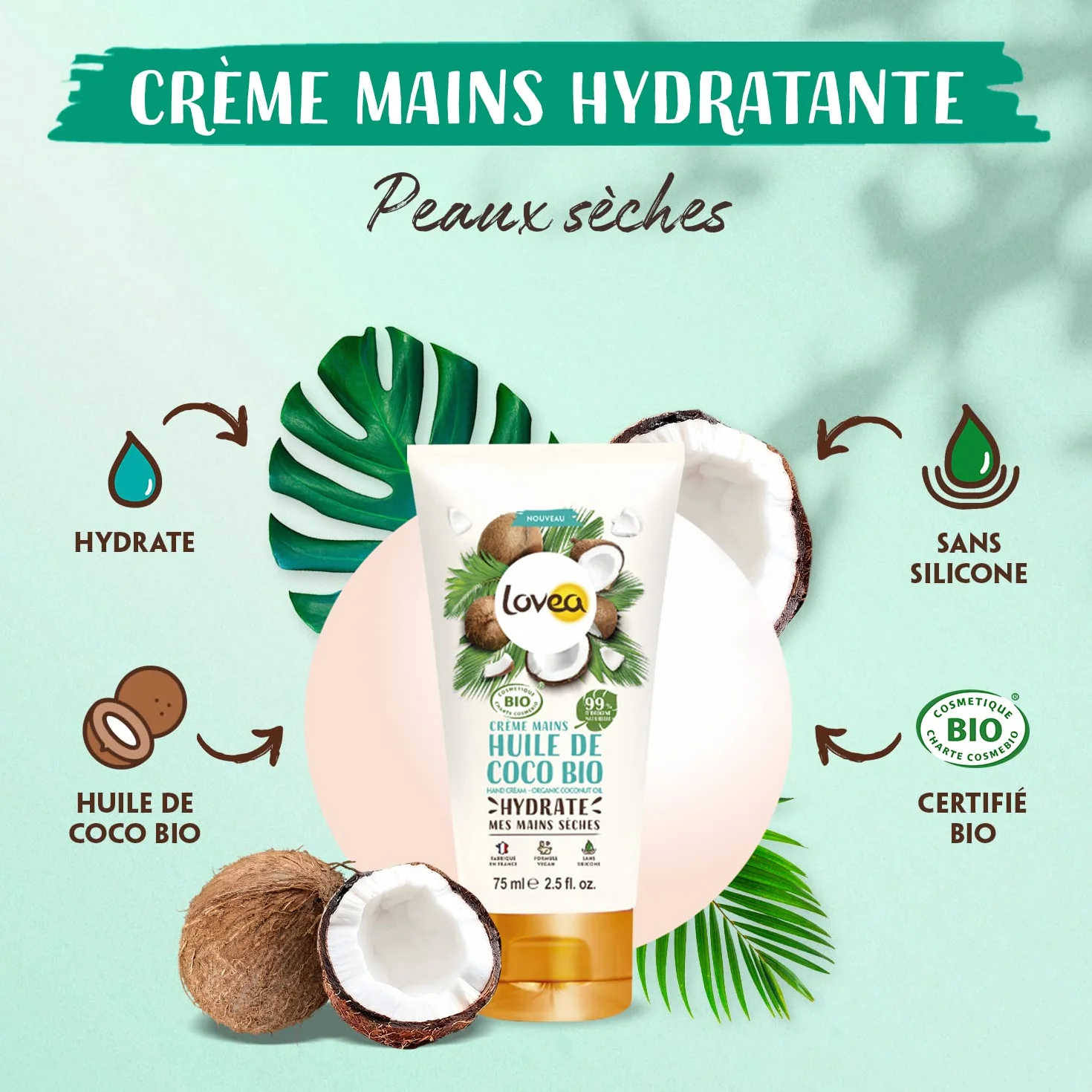 LOVEA Crème Pour Les Mains Huile De Coco Bio 75 ml Peaux Sèches