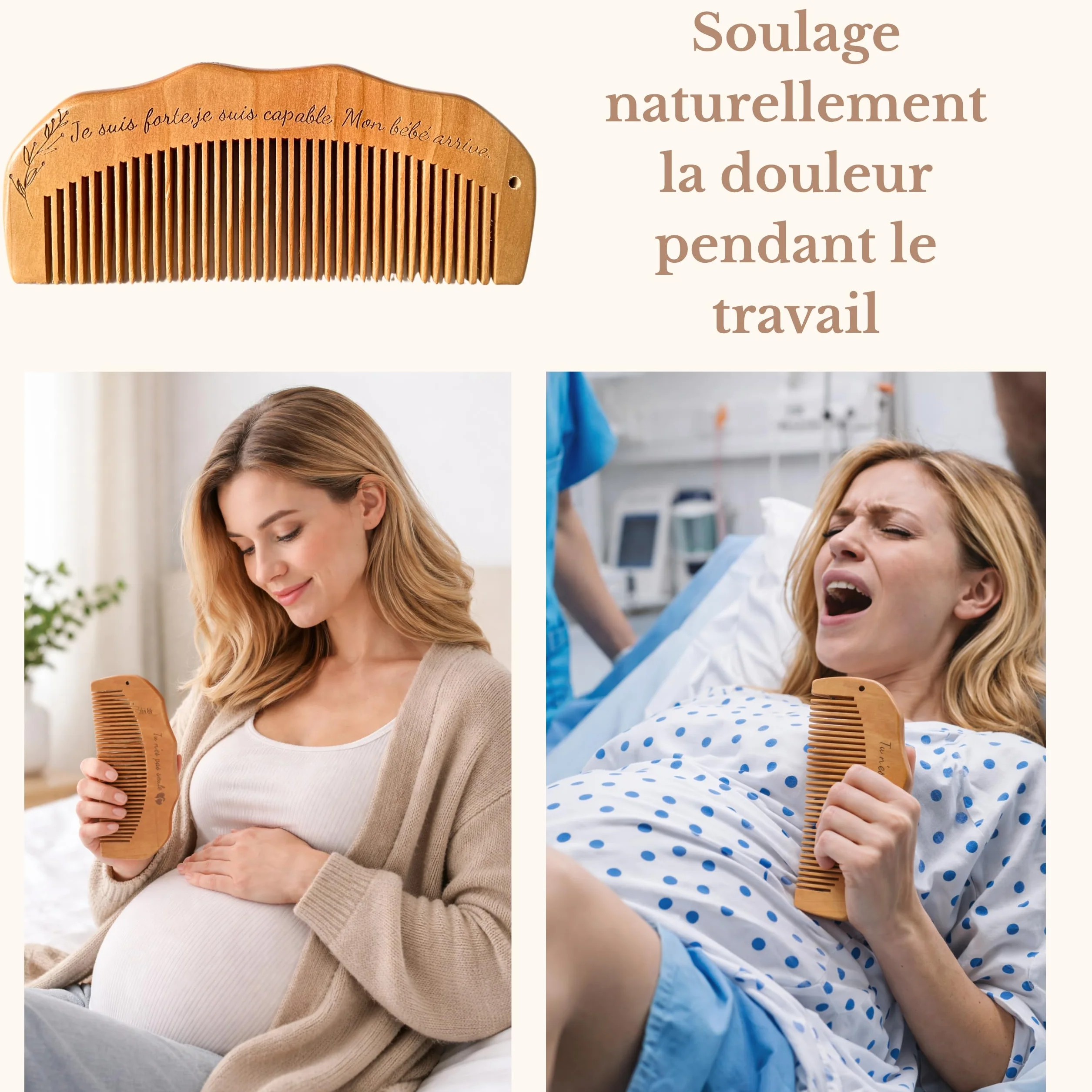 Peigne accouchement en bois avec carte émotionnelle cadeau grossesse femme enceinte maternité