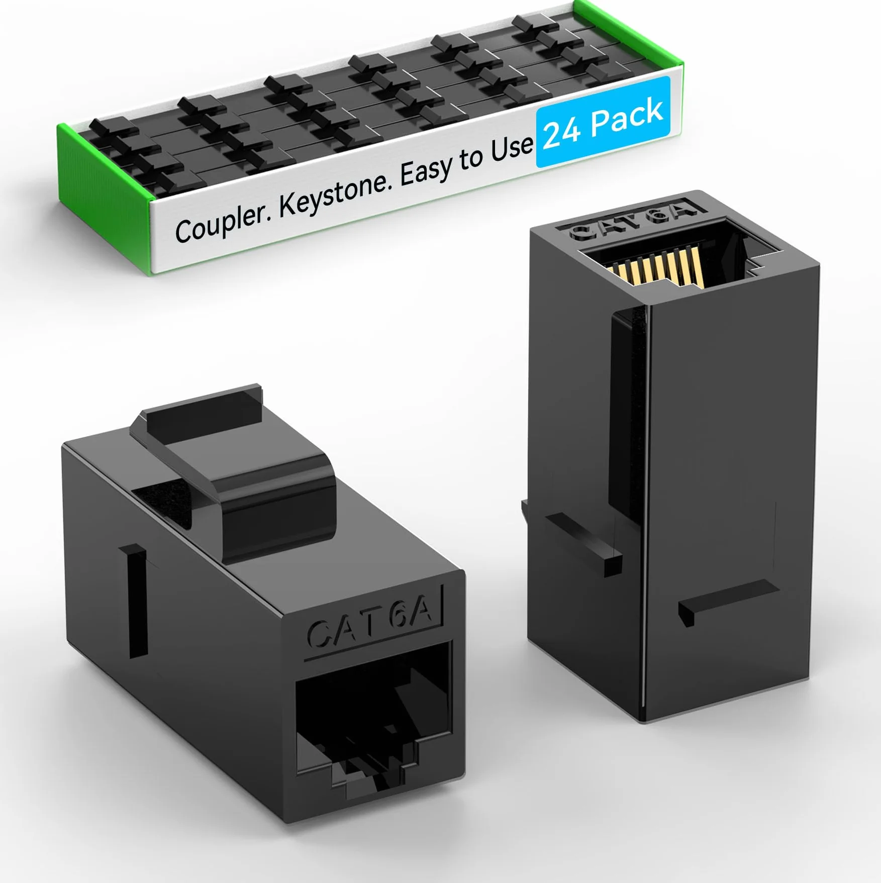Sokqovt Lot de 24 coupleurs Keystone Cat6A RJ45 Keystone Jack femelle vers femelle, prises Keystone en ligne Cat 6a pour plaque murale et panneau de brassage, coupleur Ethernet RJ45 noir