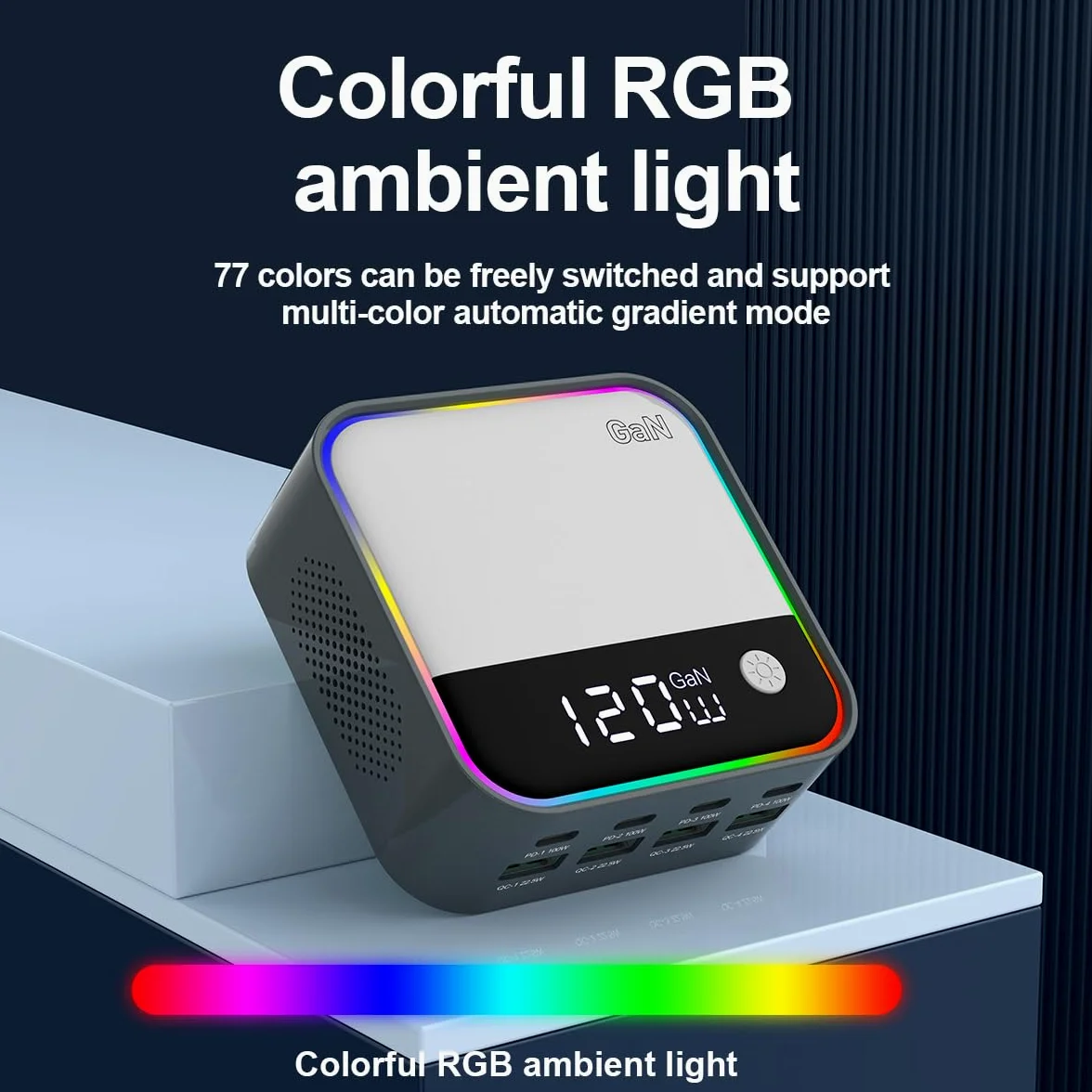120W Chargeur rapide, station de charge USB C GaN à 8 ports avec port de charge rapide PD3.0 et QC3.0 de 100W et affichage numérique intelligent