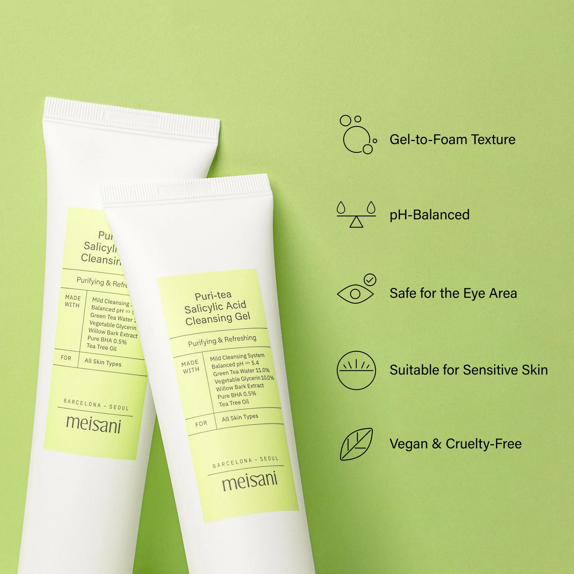 Meisani Puri-Tea Salicylic Acid Cleansing Gel 150ml Nettoyant vegan pH équilibré