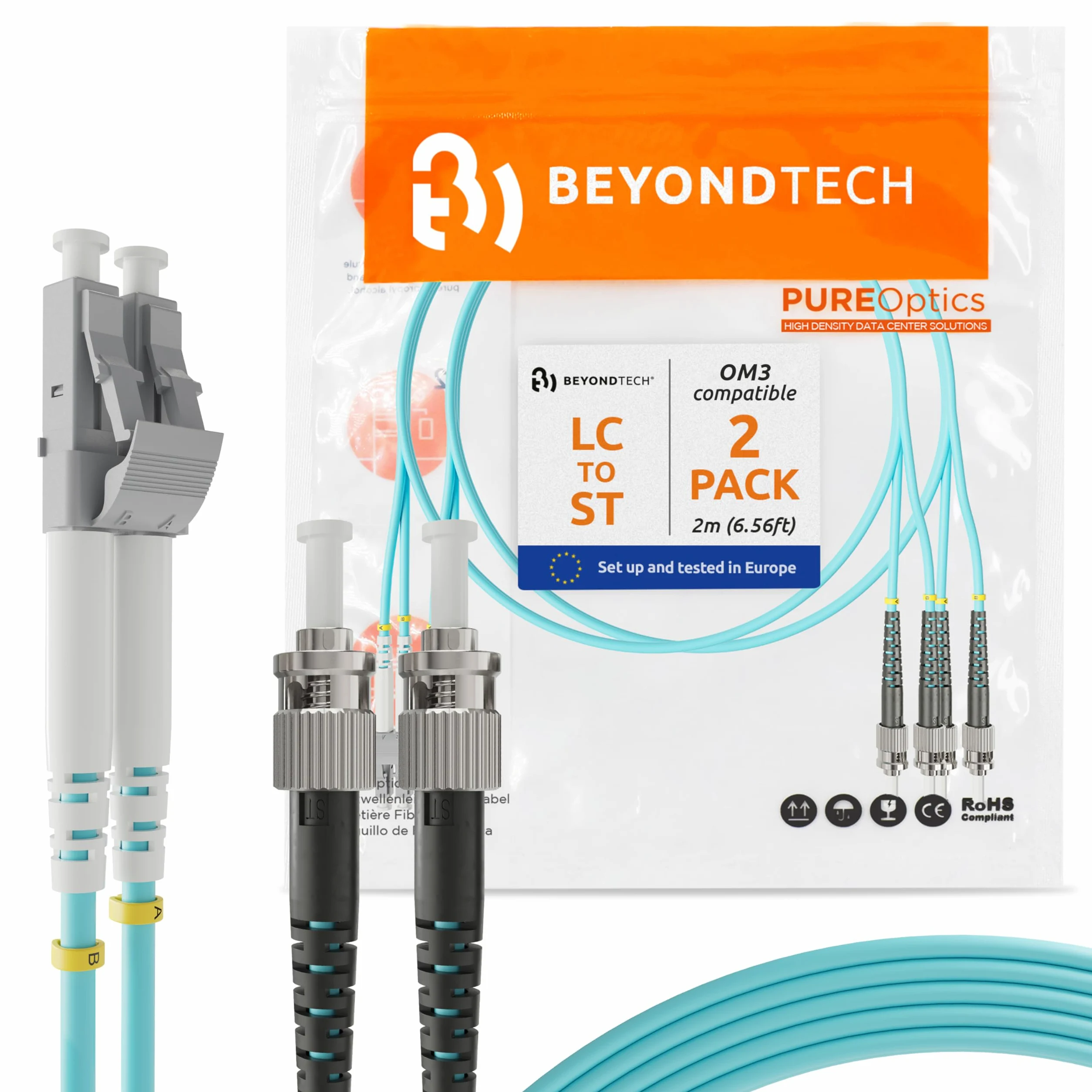 BEYONDTECH Lot de 2 câbles de raccordement en fibre optique duplex multimode LC vers ST UPC de 2 m - Noyau 50/125 µm, compatible avec OM3 - 10G LSZH PUREOptics Series