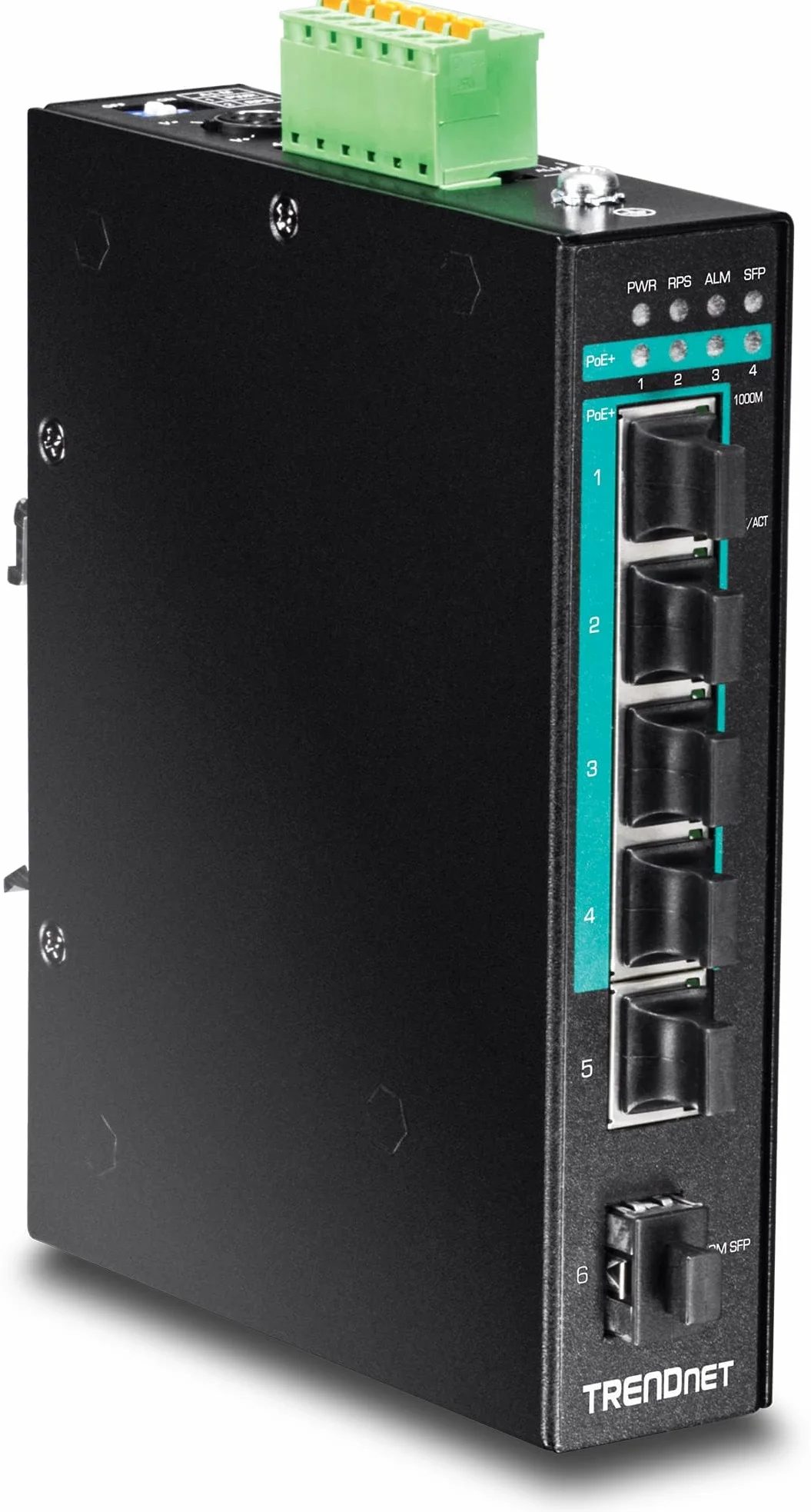 TRENDnet, TI-PG541, Commutateur réseau Gigabit PoE+ Industriel renforcé à 5 Ports, Alimentation 120 W, 1 Emplacement SFP, Indice de Protection IP30, Non géré, Noir