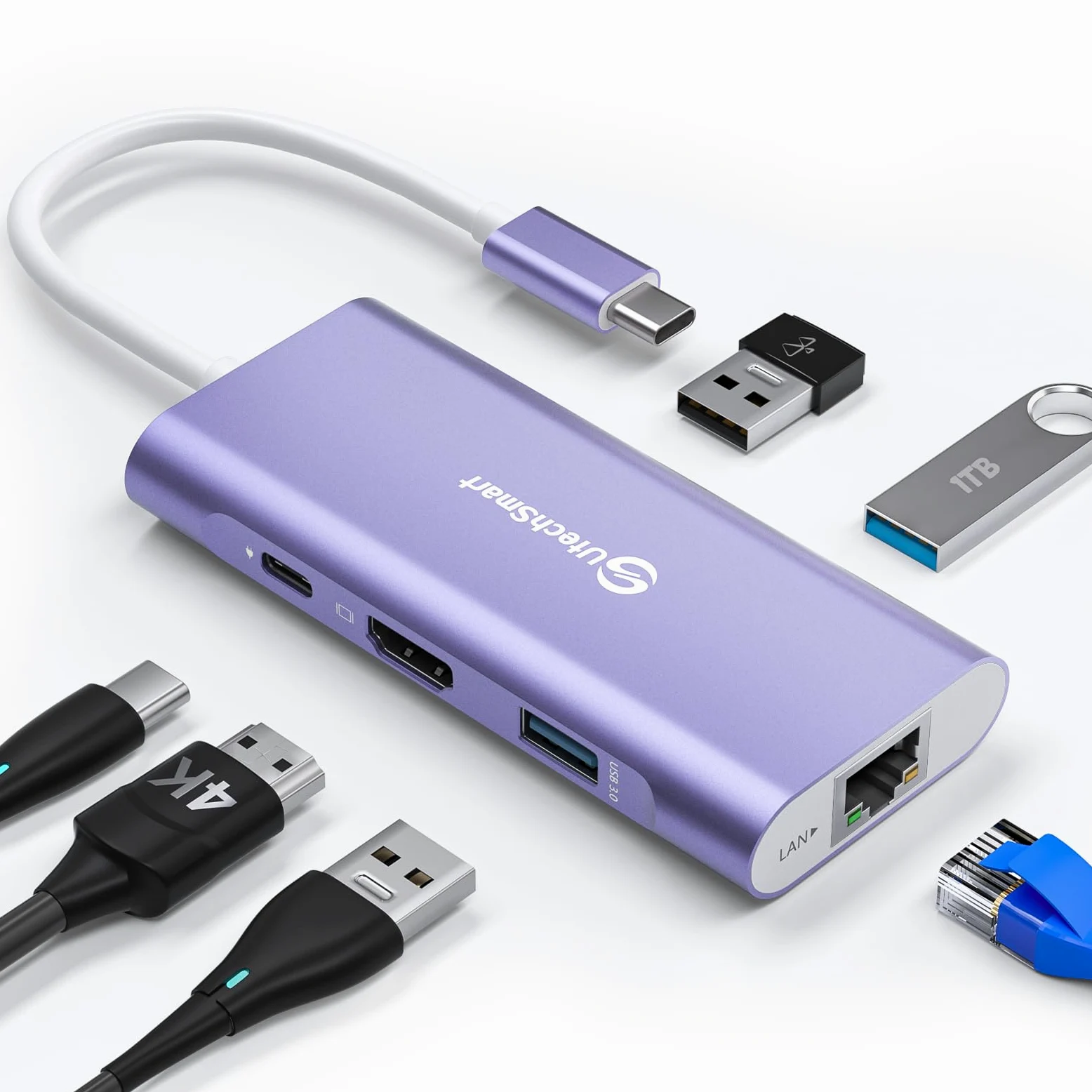 Hub USB C, UtechSmart 6 en 1 Adaptateur USB C vers HDMI avec 1000M Ethernet, Port de Charge PD 100W, 3 Ports USB 3.0 compatibles avec MacBook Pro, Chromebook et périphériques USB C (Violet)