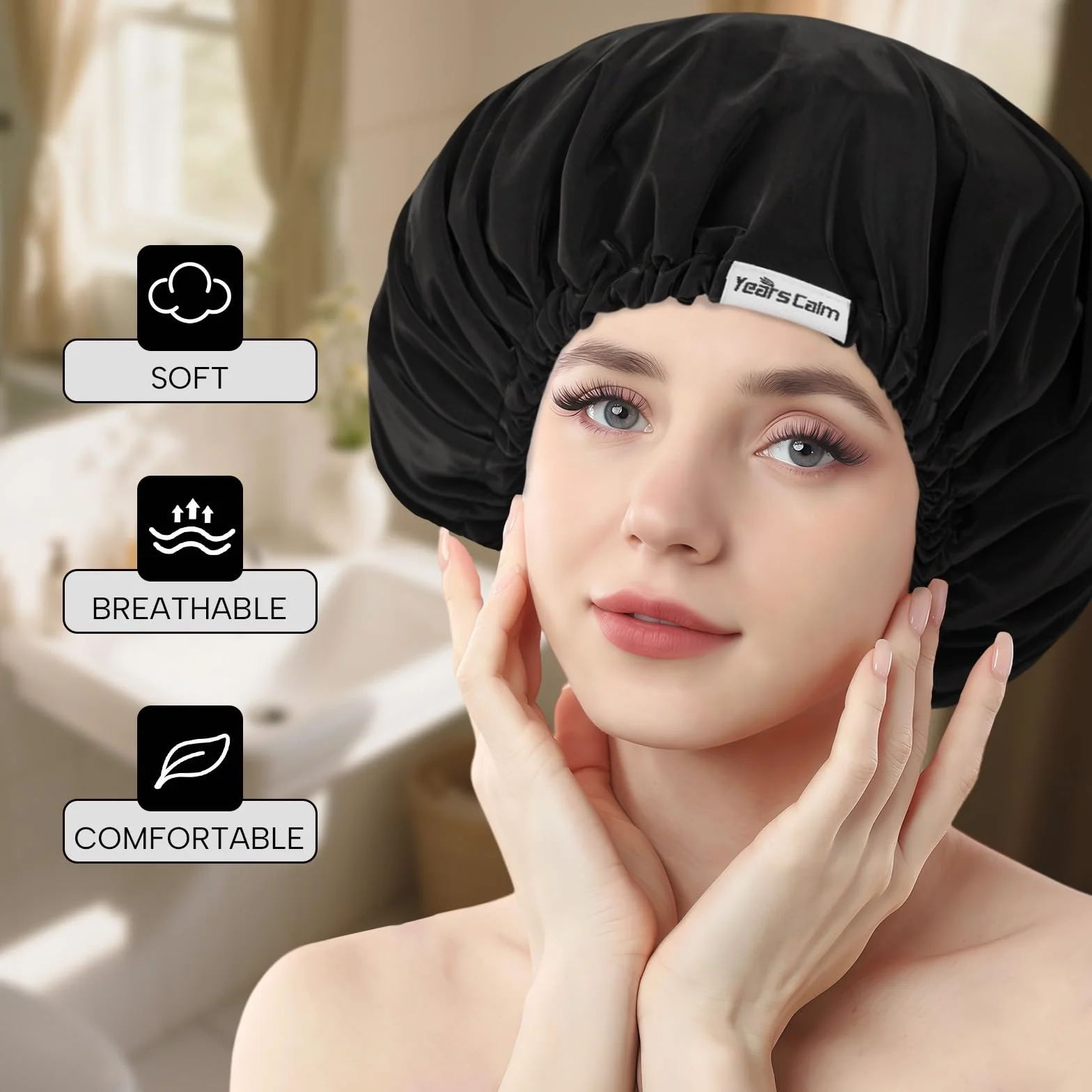 Bonnet de douche réutilisable imperméable double couche pour femme noir taille unique