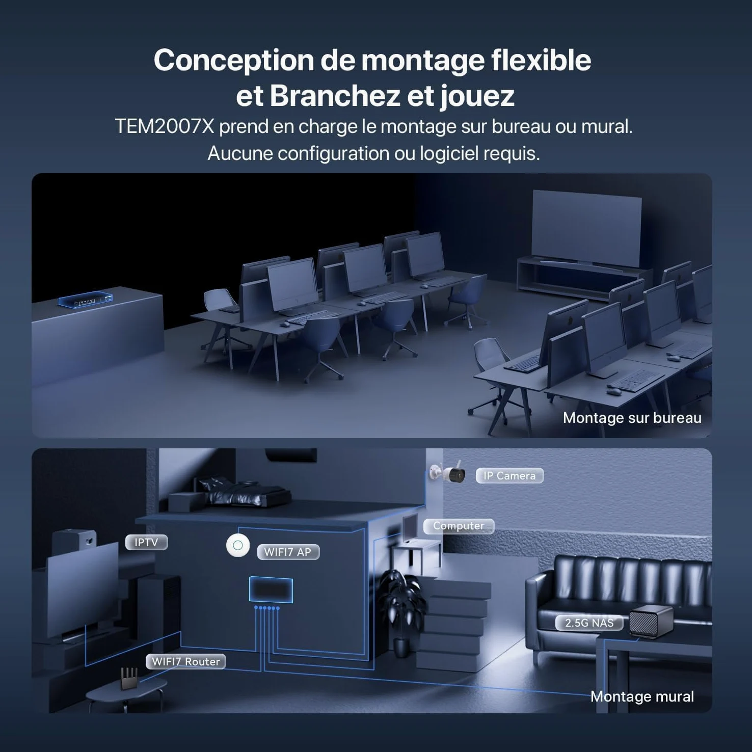 Tenda TEM2007X Switch 2.5G 5 Ports (2 SFP+ 10G, Non Géré) | Switch Ethernet 2.5G 5 ports + 2 SFP+ 10G, VLAN, agrégation statique, plug & play, métal, noir