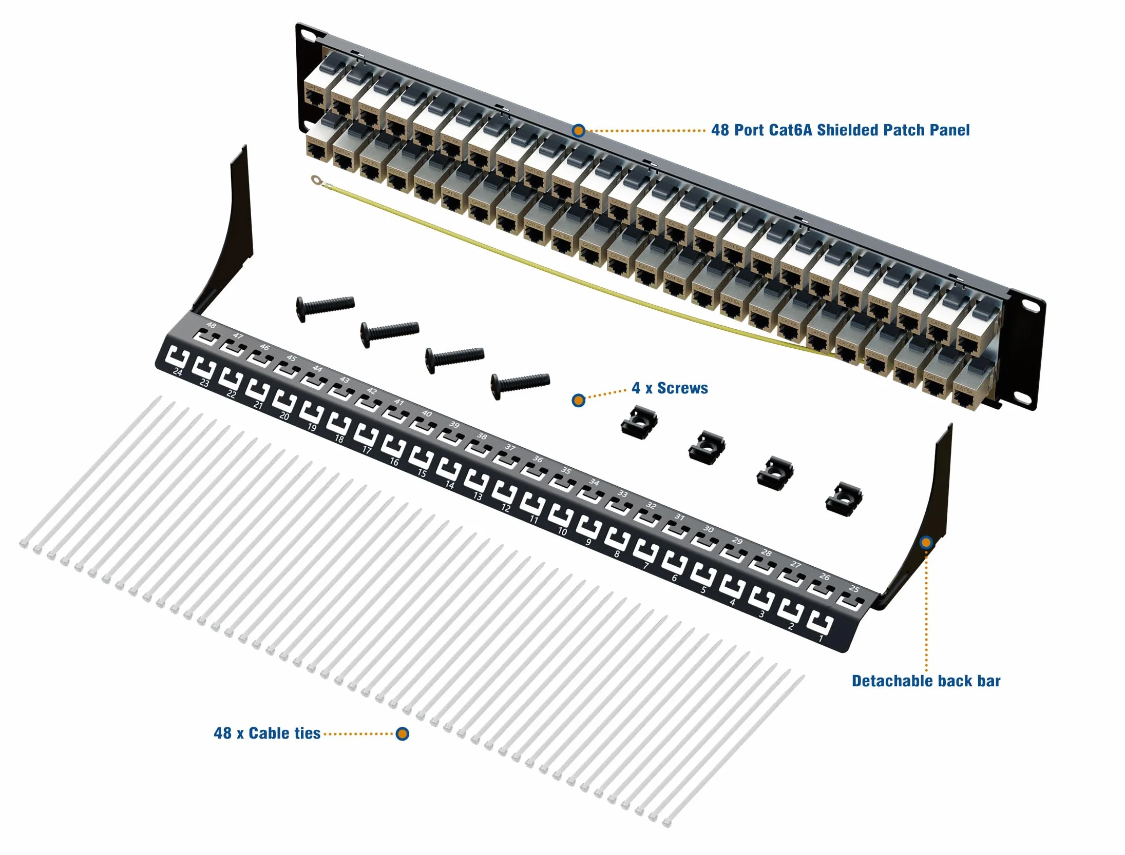 iwillink Panneau de brassage blindé Cat6a 48 ports avec coupleur RJ45 Keystone | STP Panneau de brassage 10 Gbit/s 48,3 cm 2U avec barre arrière, montage mural/rack, câblage Cat5, Cat5e, Cat6