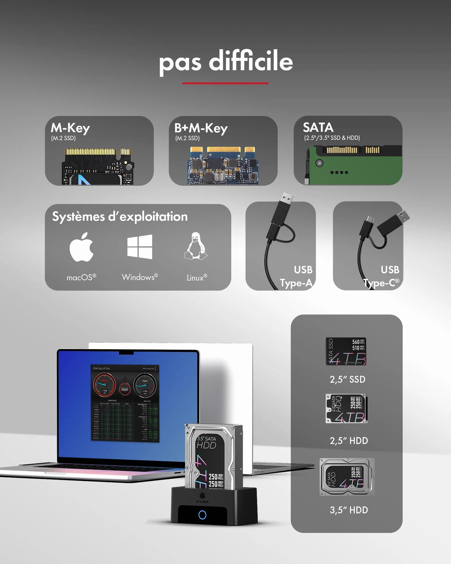 ICY Box Spade Dock IB-1123M-CU31 Station d’Accueil M.2 NVMe SATA HDD/SSD USB 3.2 Gen 2 Type-C HotSwap UASP