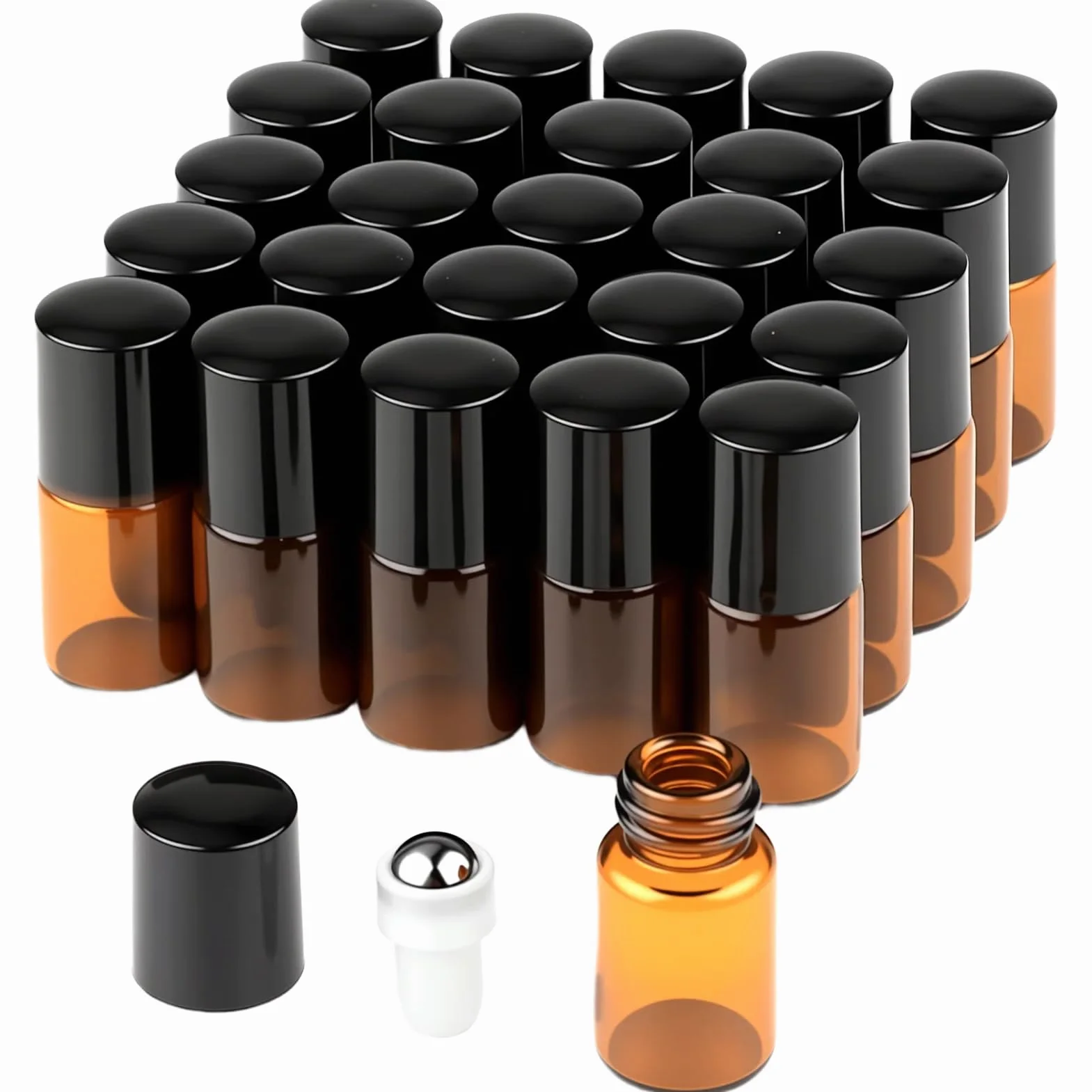 Mini Rouleaux de Verre Brun 52 Pièces 2ml Bouteilles avec Bille en Acier Inoxydable pour Huiles Aromathérapie