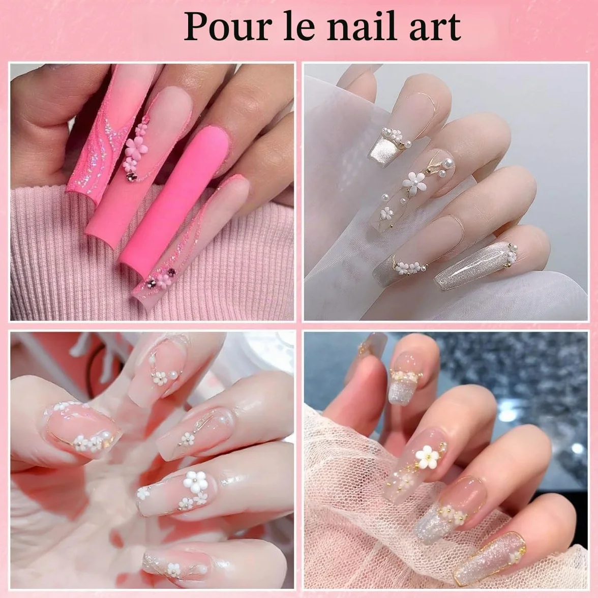 Boîtes de breloques pour ongles 3D nœud fleur demi-perle roses pailletées accessoires manucure loisirs créatifs