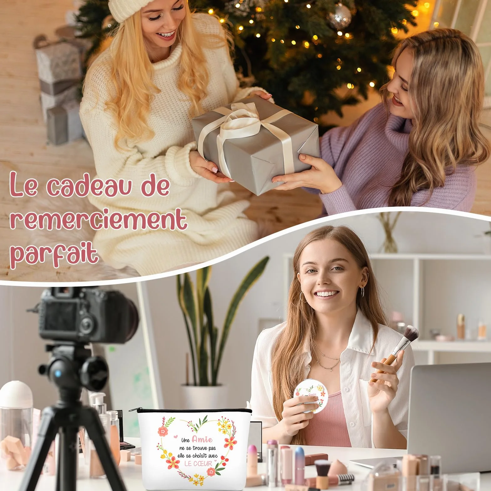 Maitys Trousse de Maquillage avec Fermeture Éclair Miroir de Voyage avec Loupe Porte-Clés BFF Set Cadeaux