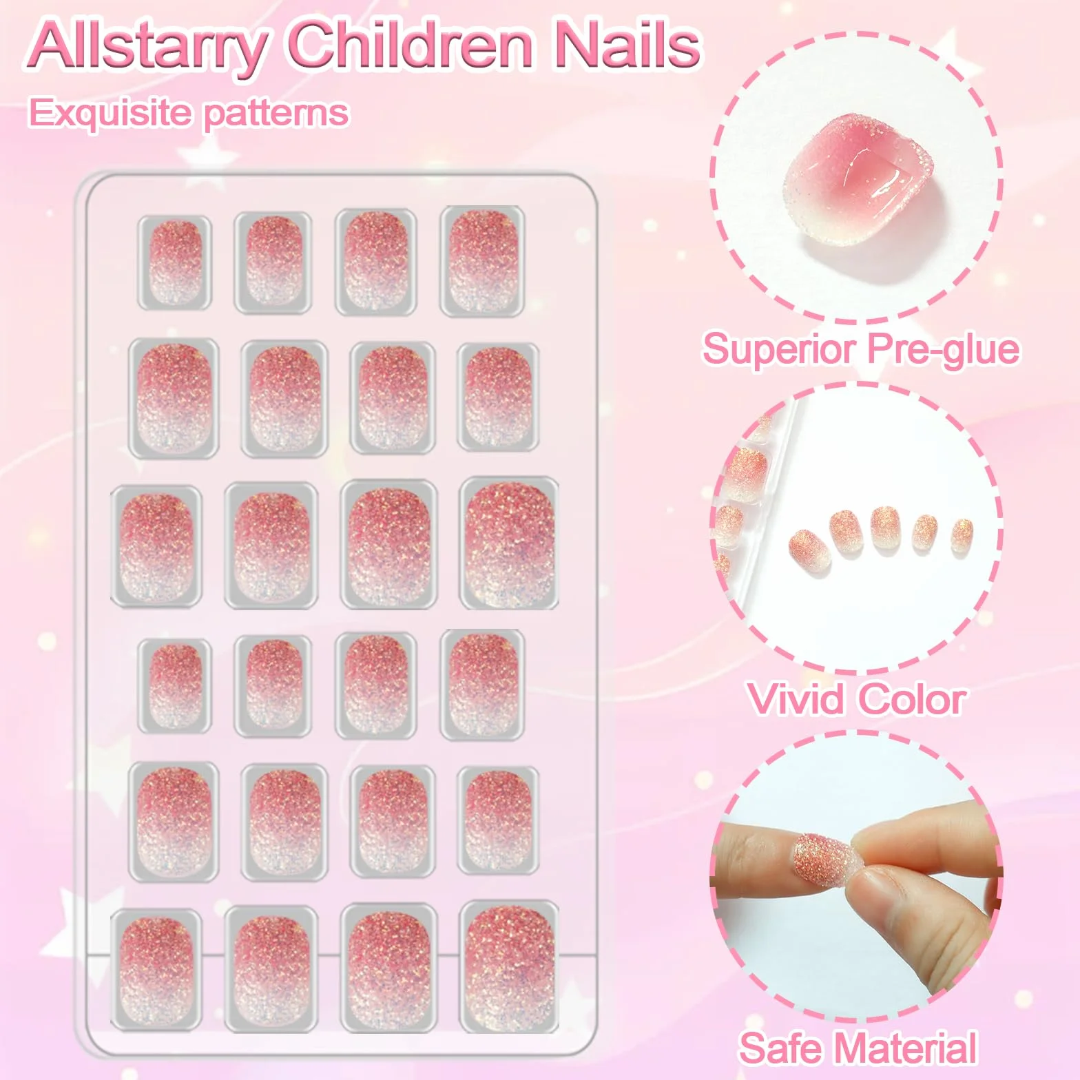 Allstarry 72pcs Press on Nails Glitter Short False Nail Kits for Children Little Girls