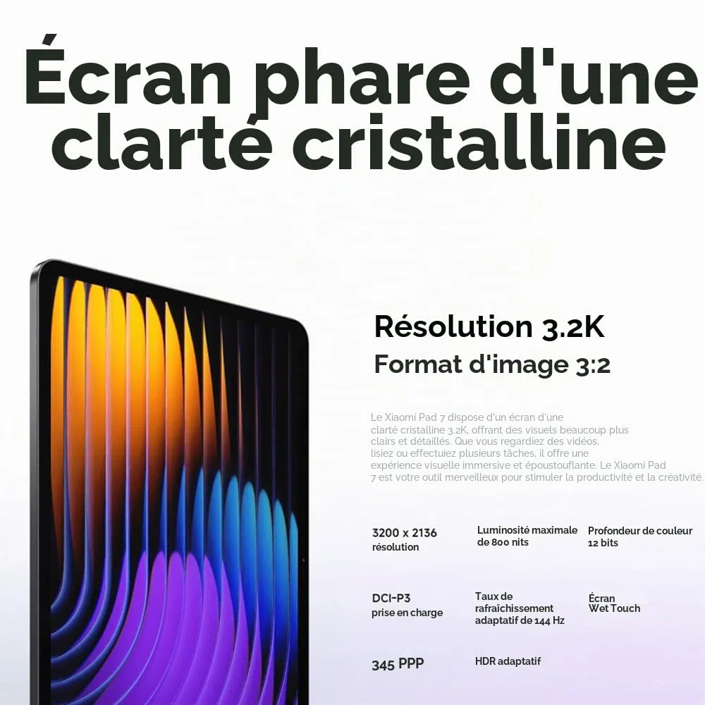 XIAOMI Pad 7, 8 Go + 256 Go, 11,2 Pouces, 13 MP, résolution 2136 x 3200, capacité de la Batterie 8850 mAh, Noir, avec Chargeur