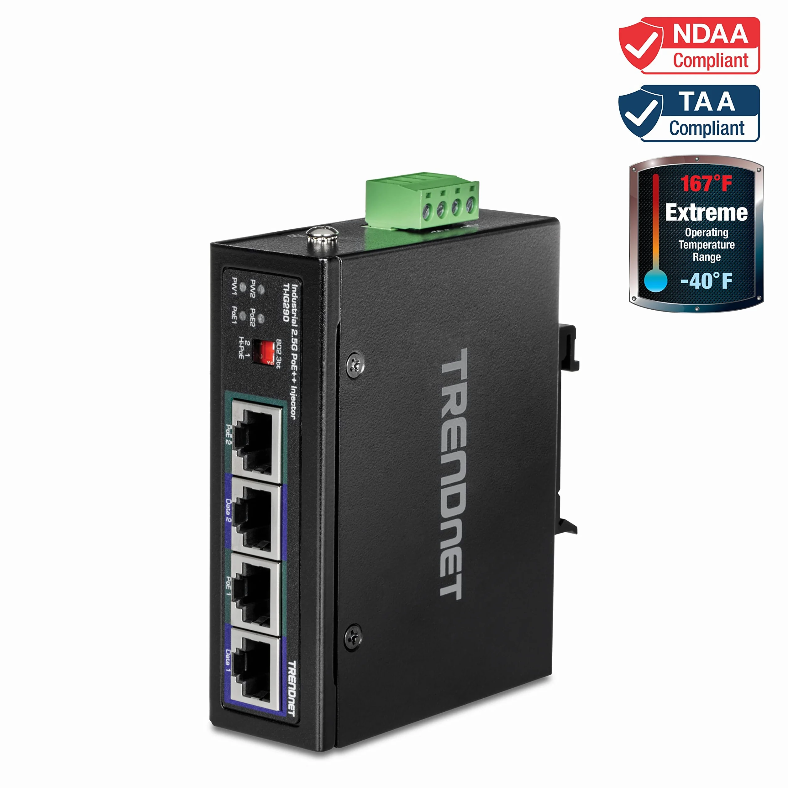 TRENDnet, TI-IG290, Injecteur PoE++ Industriel 2 Ports 2,5 G 95 W, Prend en Charge IEEE 802.3af PoE, IEEE 802.3at PoE+ et IEEE 802.3bt PoE++, Non Compatible avec Les appareils PoE passifs