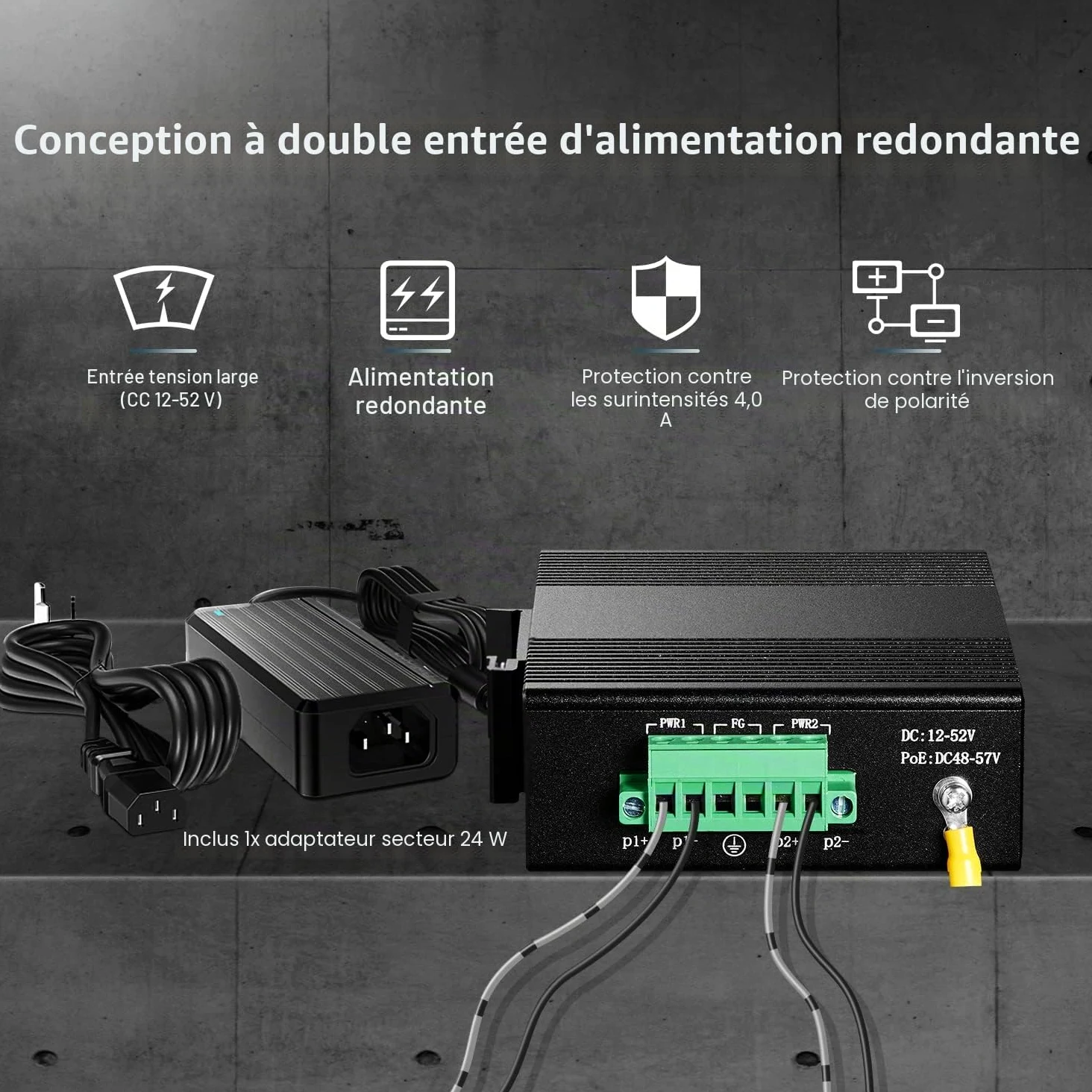Binardat Switch Ethernet Industriel 5 Ports sur Rail DIN, 4 Ports et 1 Liaison Montante 10/100 Mbps, Montage Mural sans Ventilateur, avec Une Alimentation