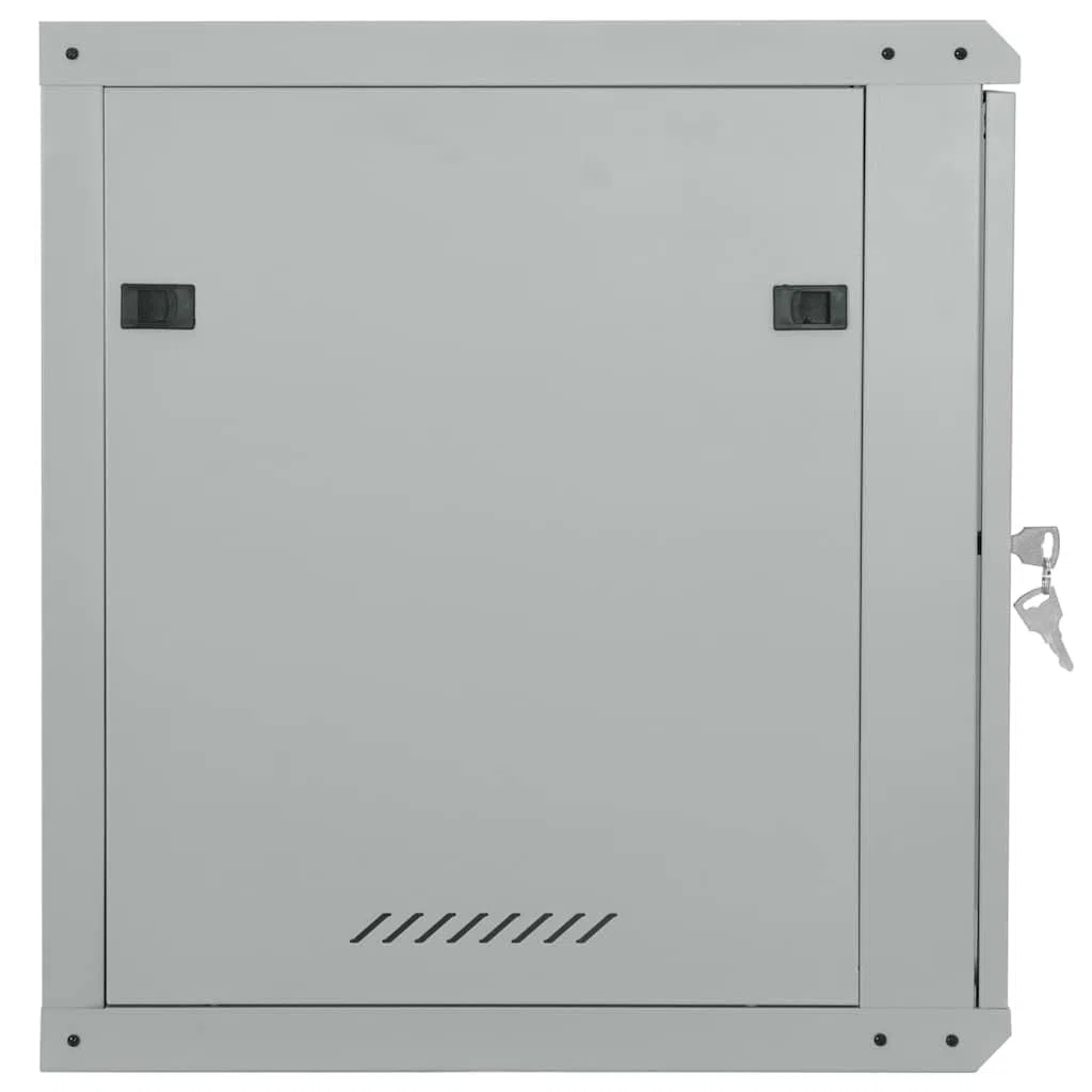Armoire réseau murale en acier gris 60 x 45 x 65 cm, avec verre de sécurité trempé et poignées de verrouillage pour un rangement sûr de l'électronique au design industriel.