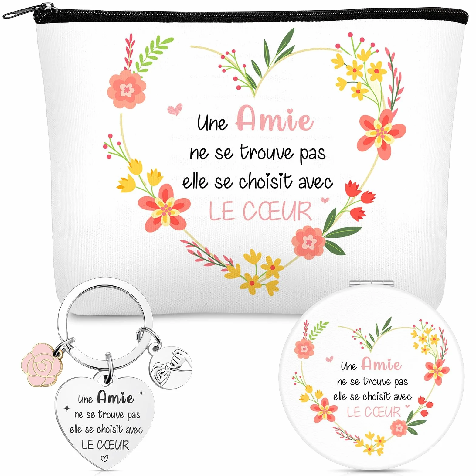 Maitys Trousse de Maquillage avec Fermeture Éclair Miroir de Voyage avec Loupe Porte-Clés BFF Set Cadeaux