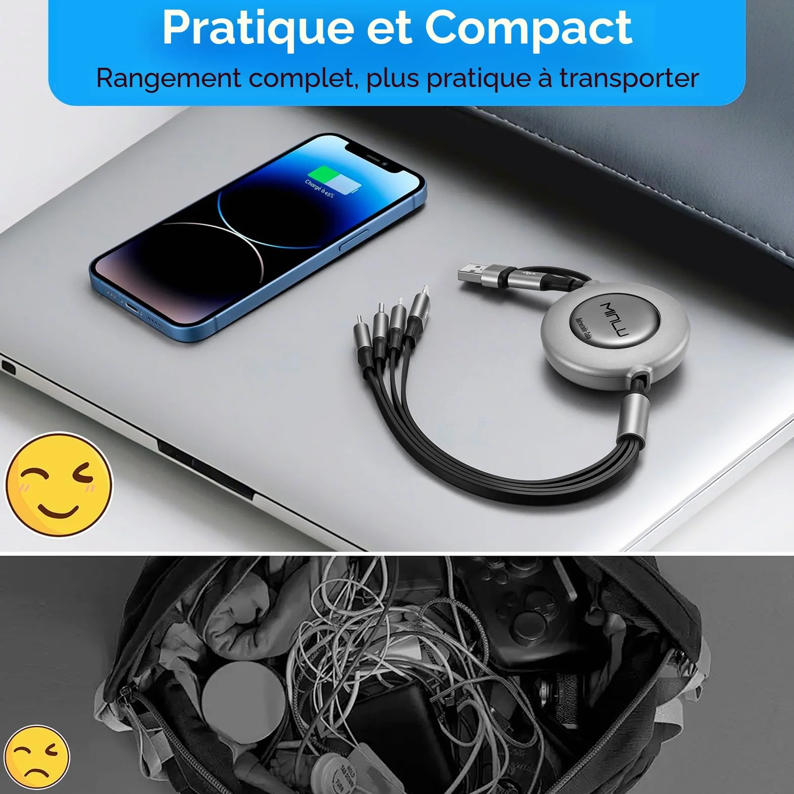 Câble de Charge 6 en 1 Rétractable 1,2m USB C avec Lightning pour iPhone Android Galaxy