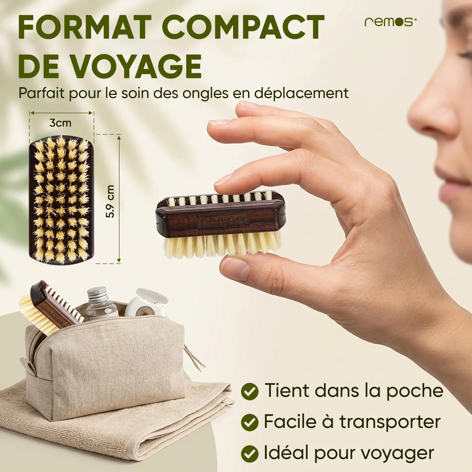 REMOS Mini Brosse à Ongles de Voyage Poils de Sanglier Bois de Hêtre 5,9 x 2,9 x 3 cm