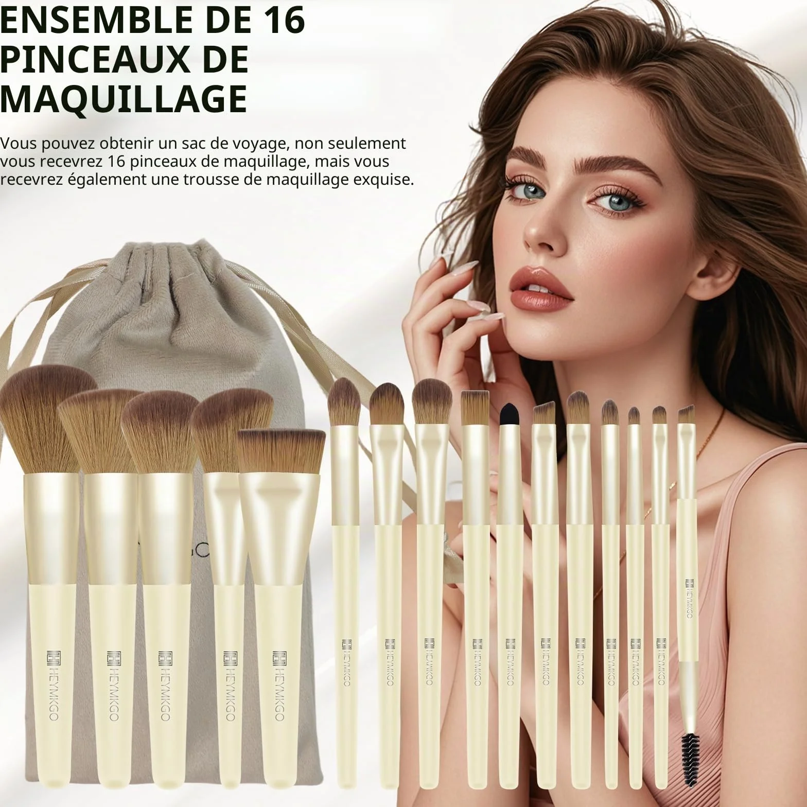 HEYMKGO Set de pinceaux de maquillage 16 pièces avec sac en velours