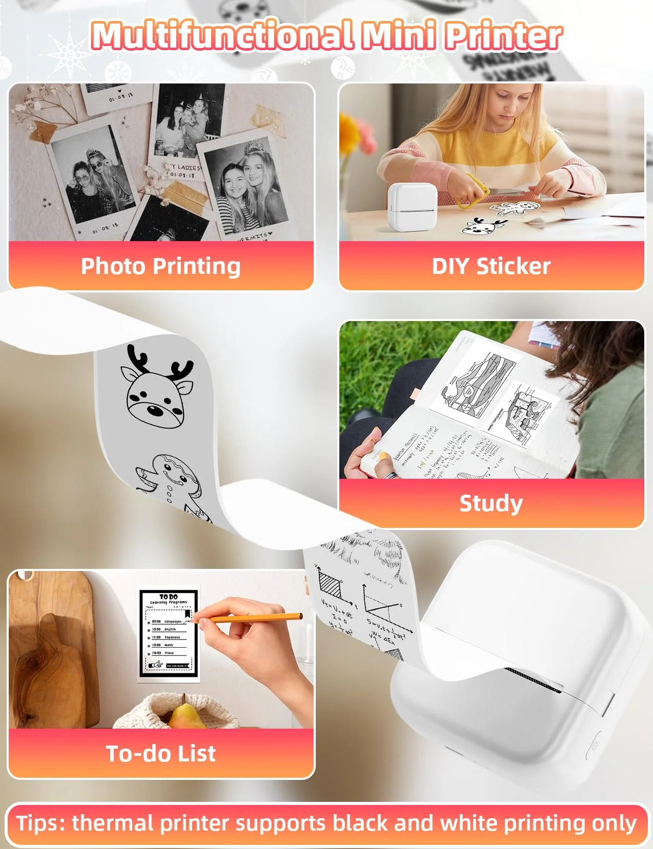 Memoking Mini Imprimante Thermique M02L Bluetooth Portable Stickers Autocollant avec Papier