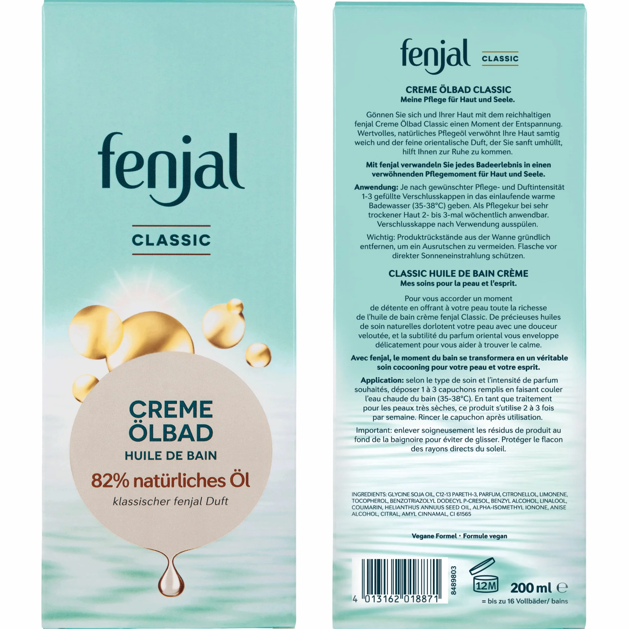 Fenjal Crème Bain d'Huile 200 ml Bain de Soin Végétalien 82 % Huile Naturelle Peaux Normales à Très Sèches Classic